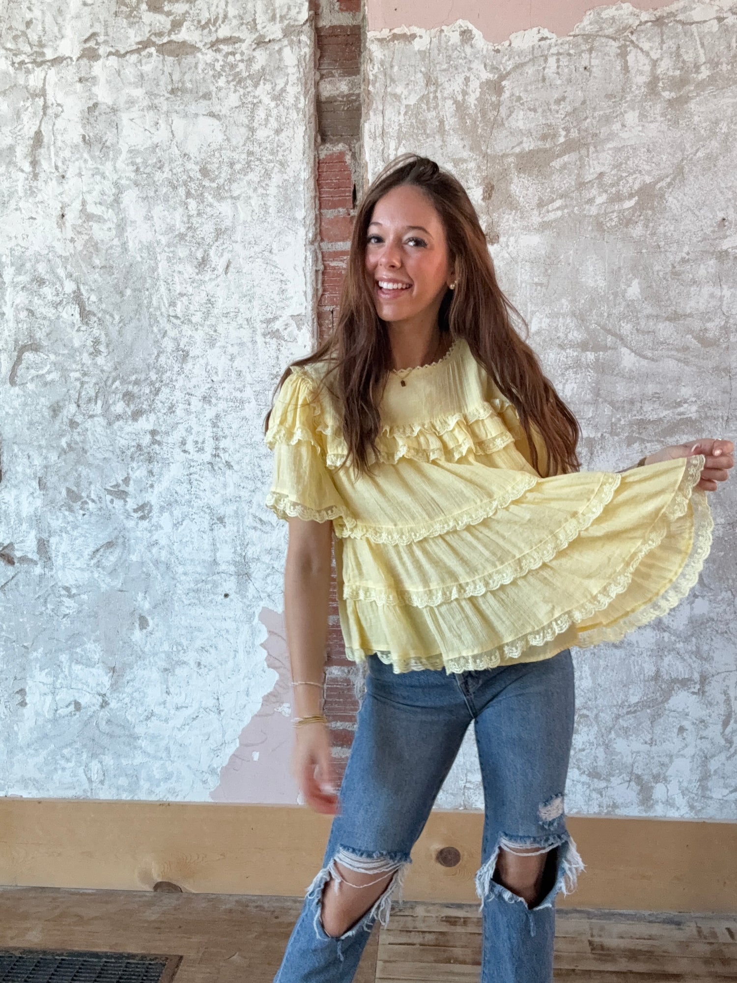 Tiered Ruffle Lace Trim Swing Top
