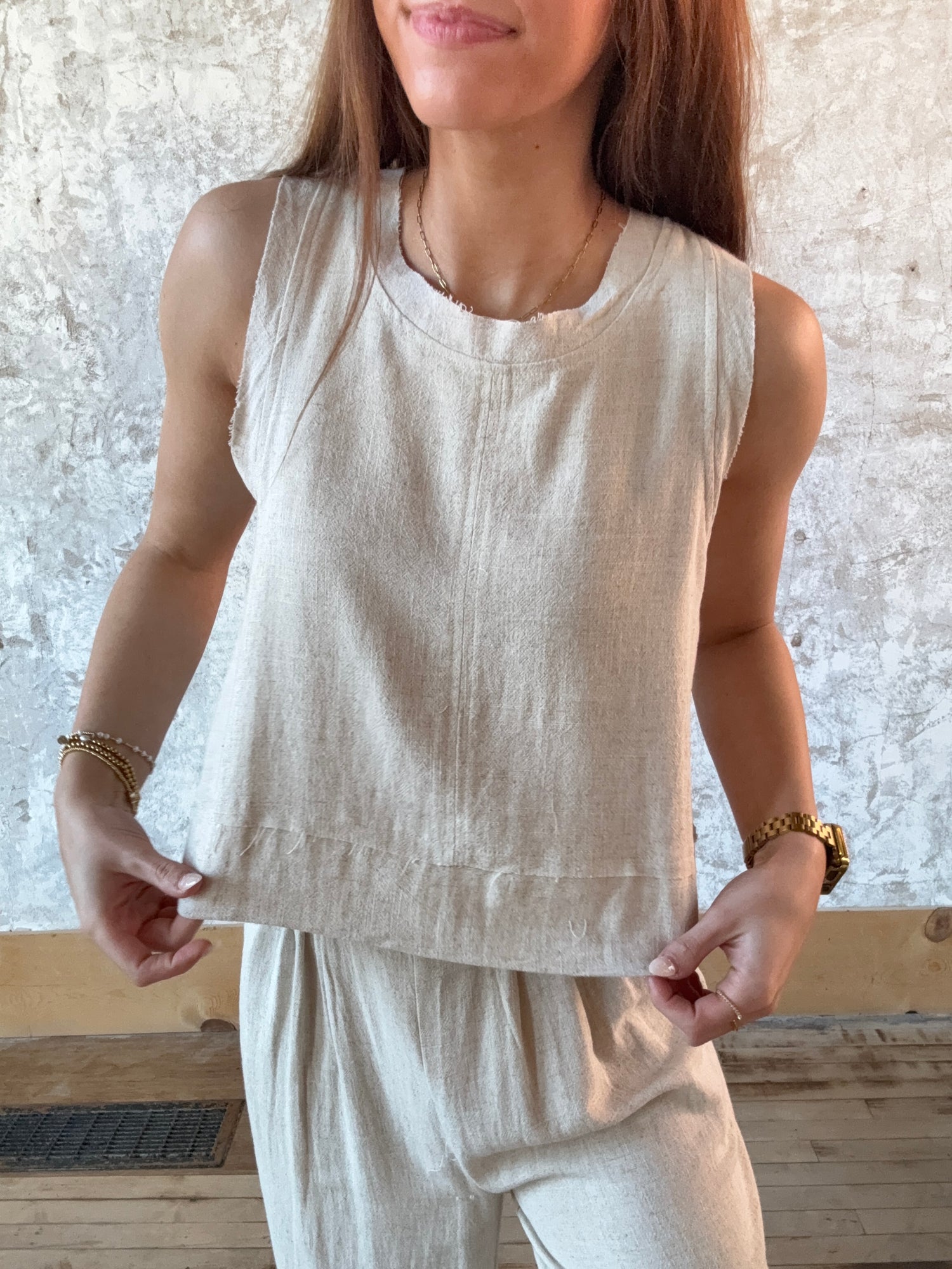 Solid Woven Linen Sleeveless Top & Pants Set