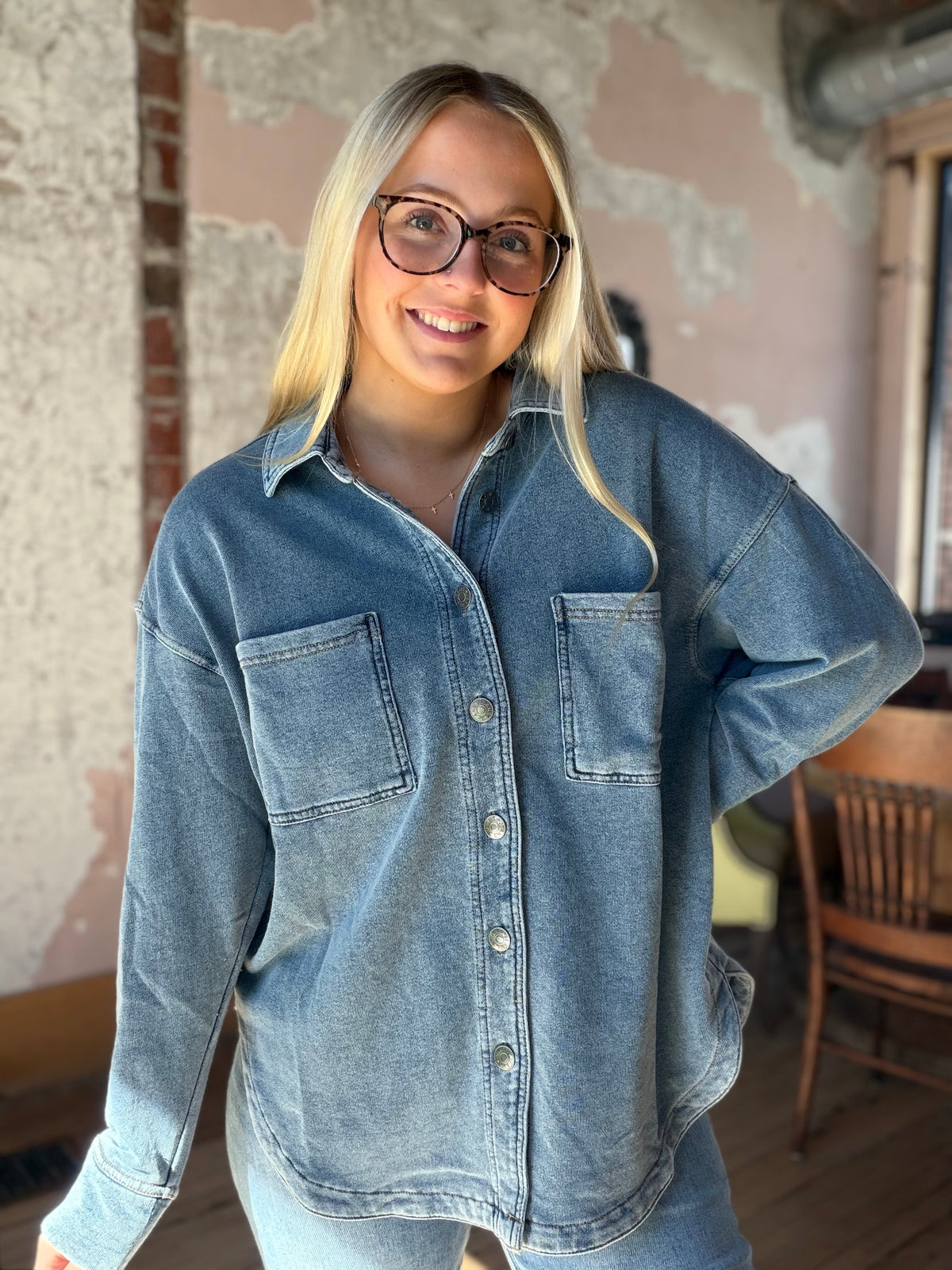 Cotton Fleece Oversized Denim Shacket Button Down