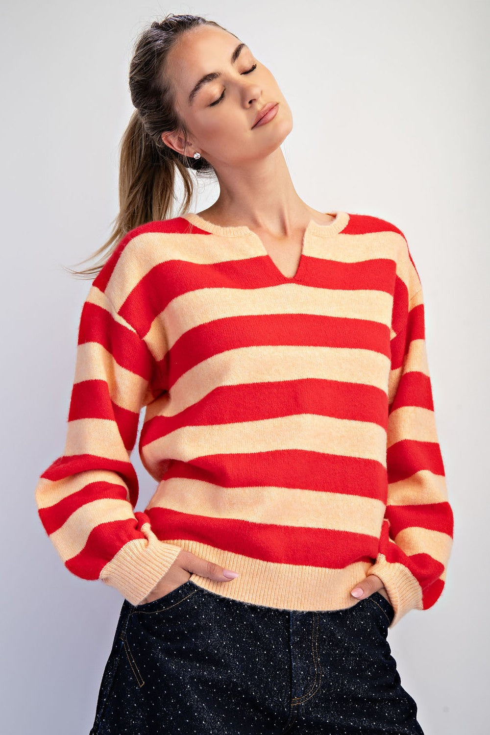 Front Slit Crew Neck Stripe Sweater