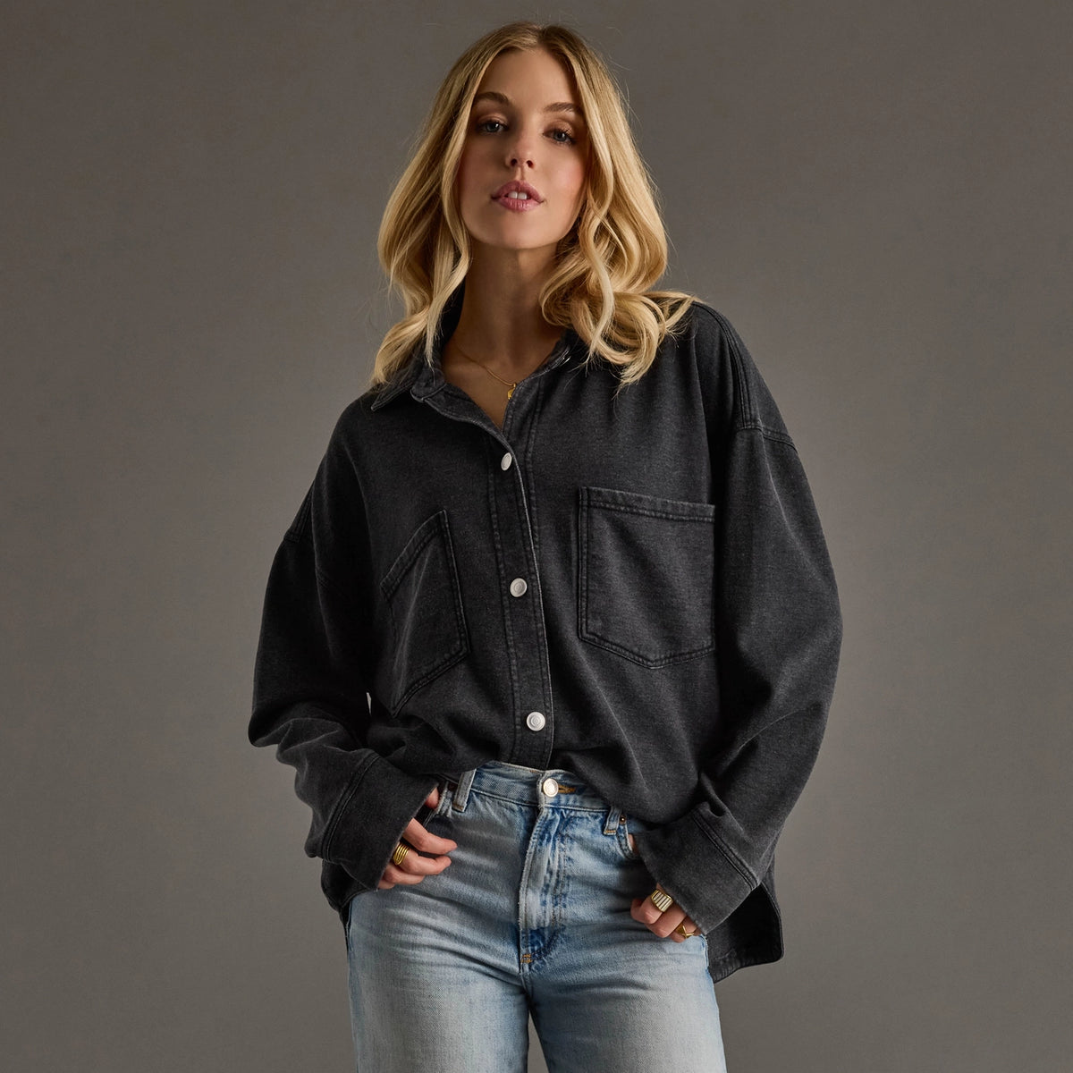 Black Washed Soft Button Up & Sweatpants Set