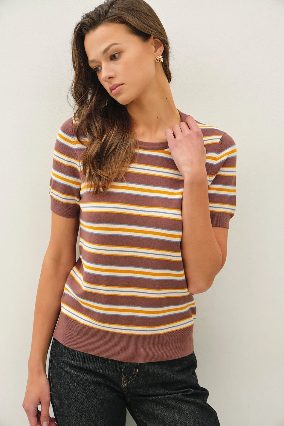 Striped Short-Sleeve Sweater Top