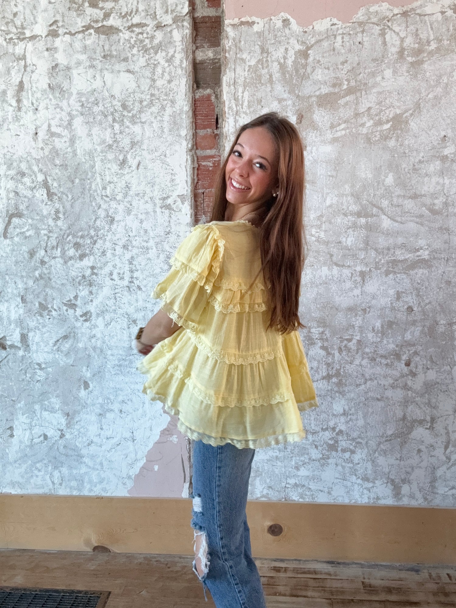 Tiered Ruffle Lace Trim Swing Top