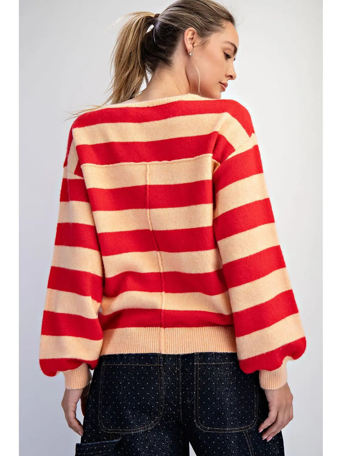 Front Slit Crew Neck Stripe Sweater