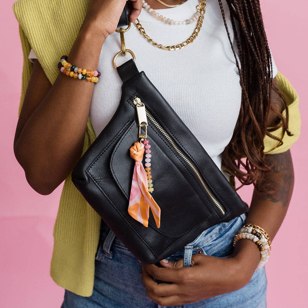 Pink Plaid Silk & Gemstone Bag Charm