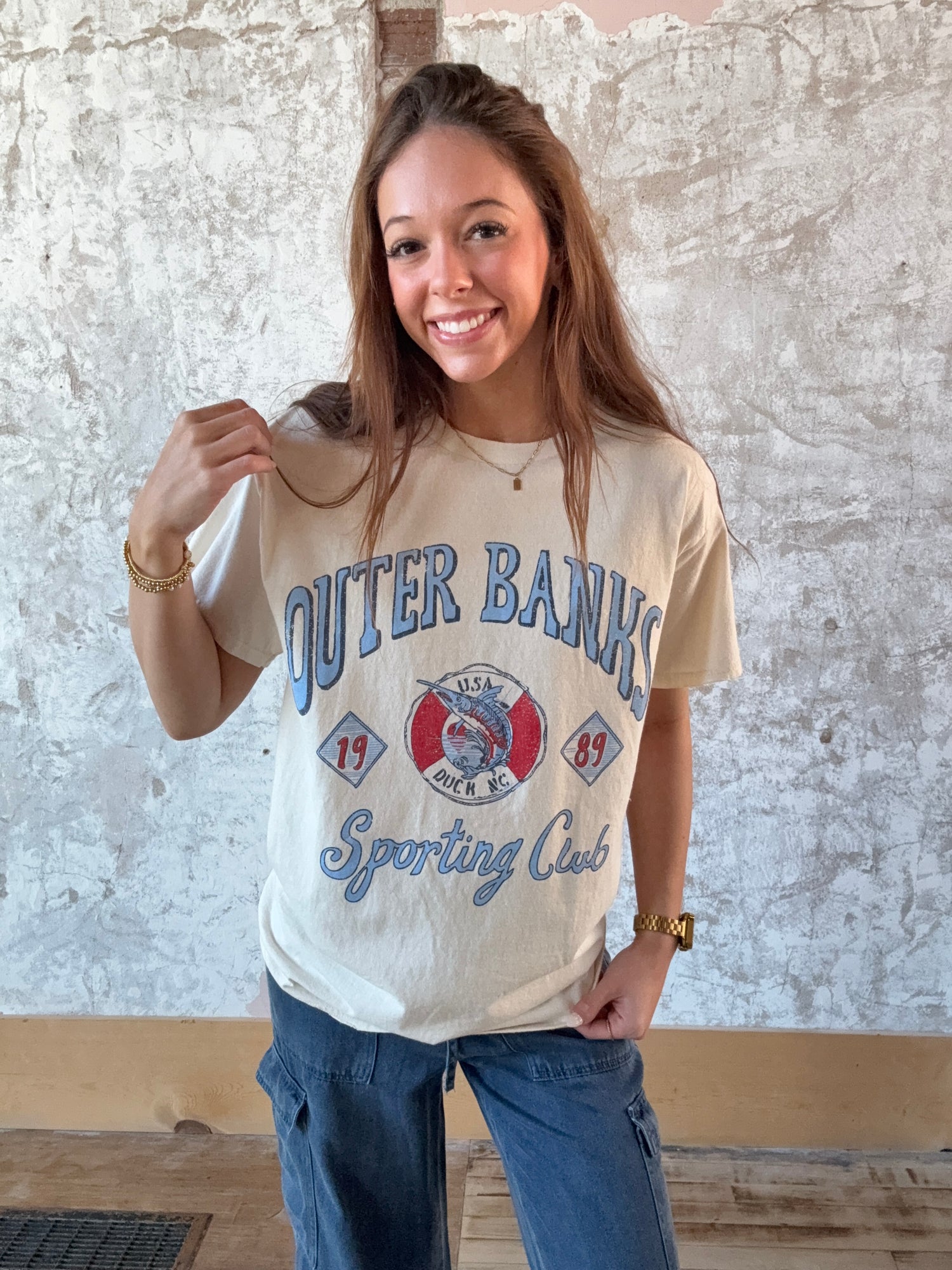 Outer Banks Sporting Club Off White Thrifted Graphic Tee