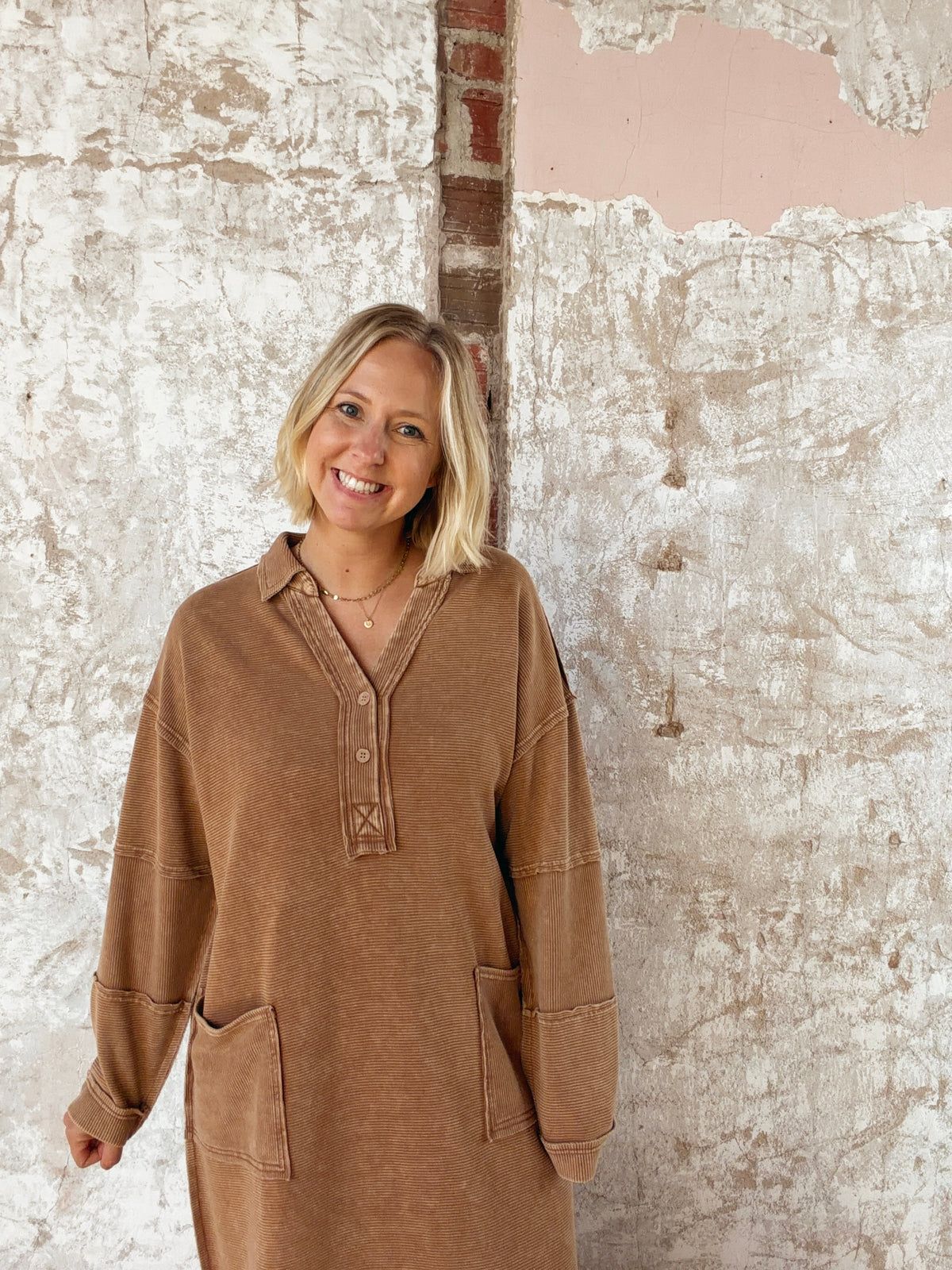 Washed Textured Knit Henley Dress