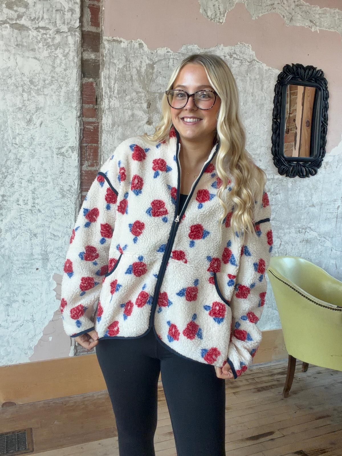 Oversized Floral Fleece Sherpa Jacket