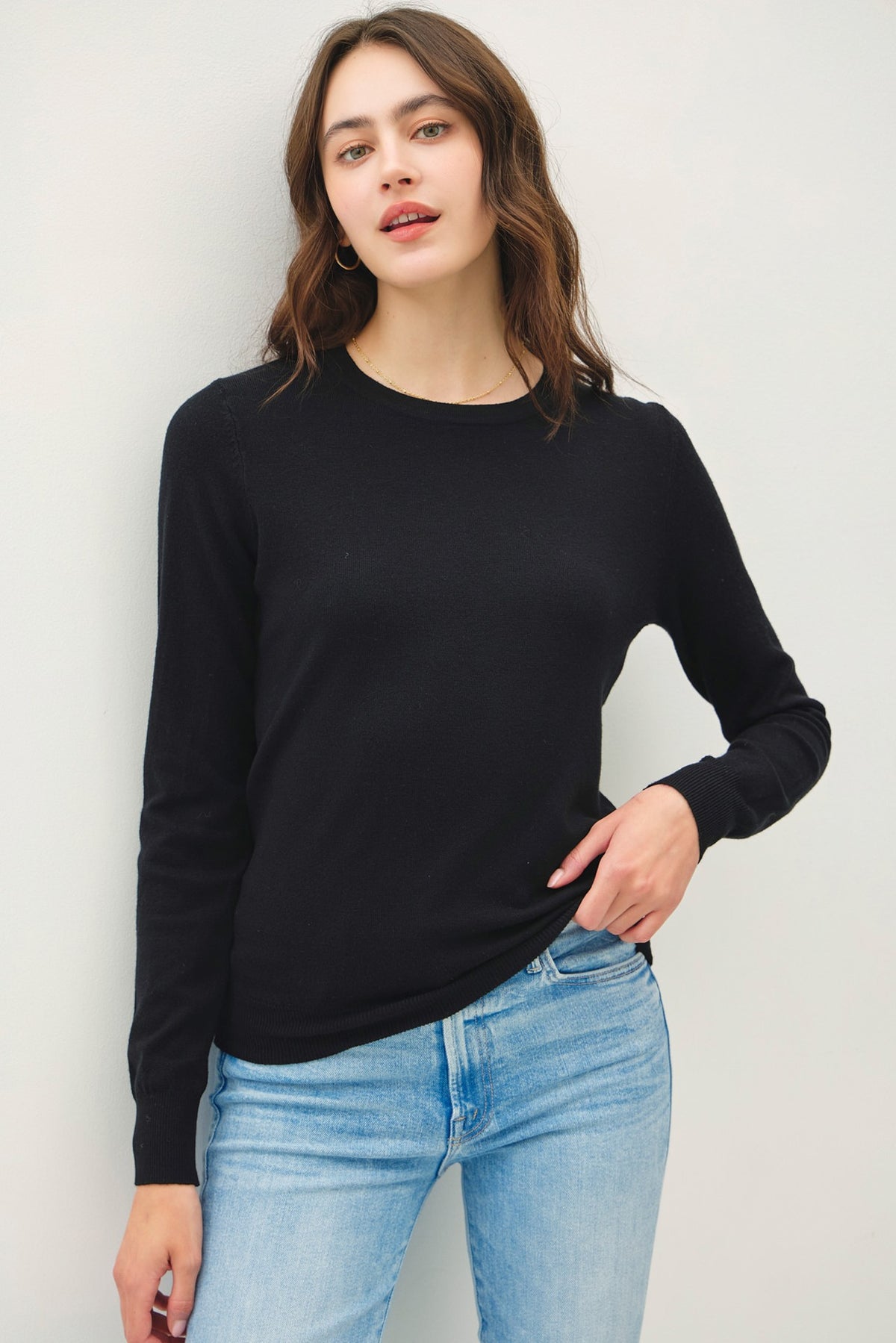 Black Crew Neck Soft Knit Long Sleeve Sweater