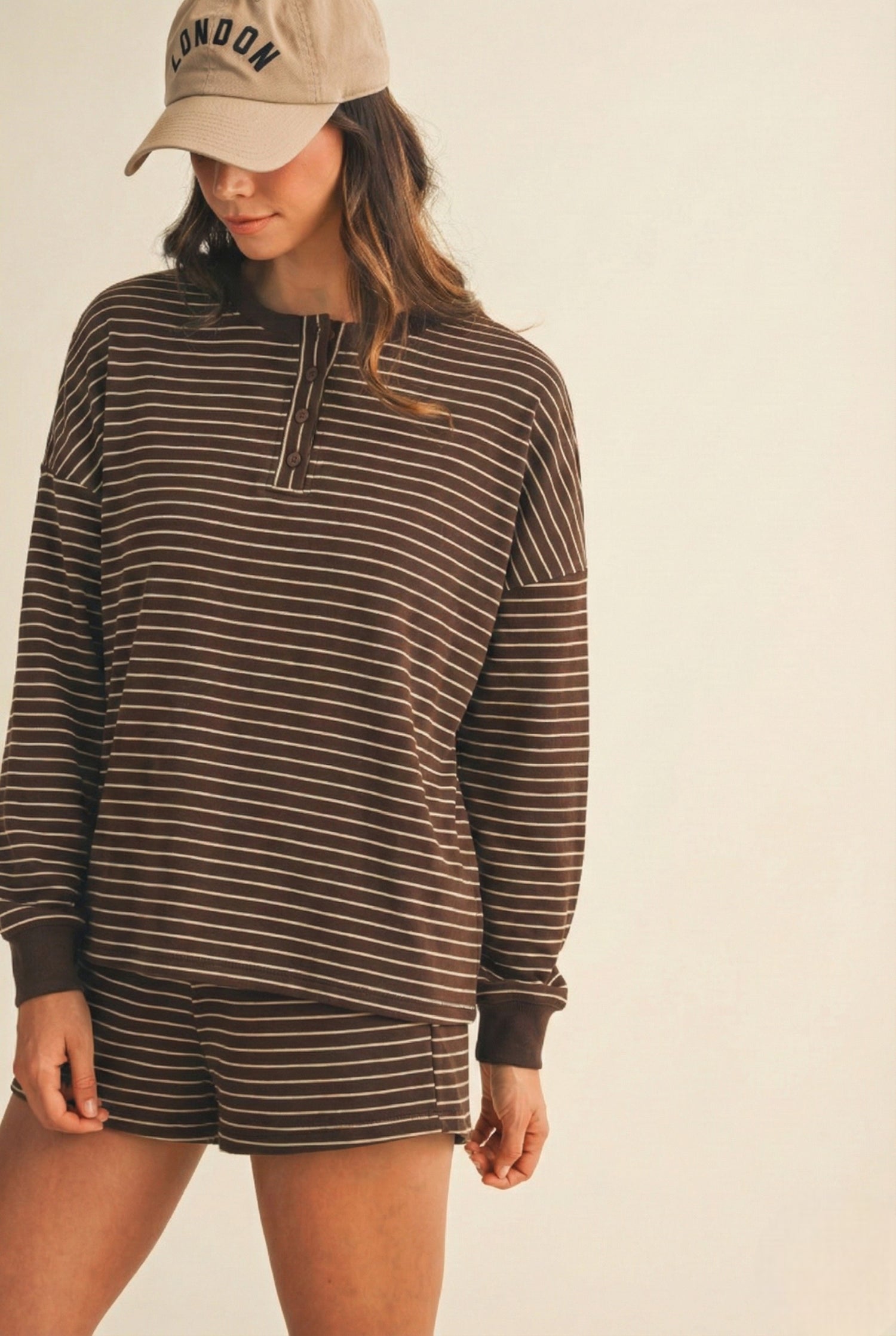Soft Brushed Pin Stripe Knit Pullover & Shorts