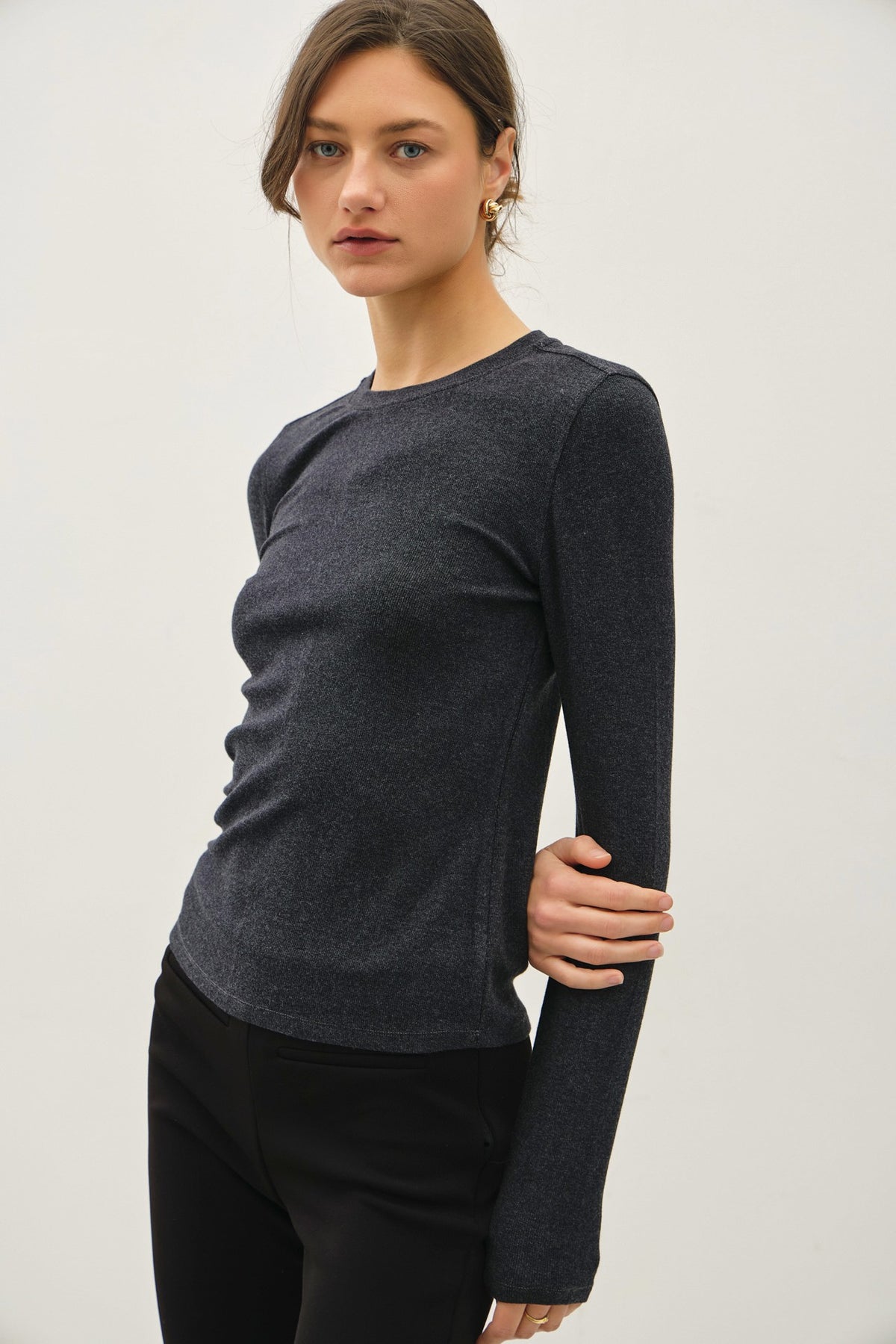 Charcoal Ribbed Crewneck Longsleeve Basic Top