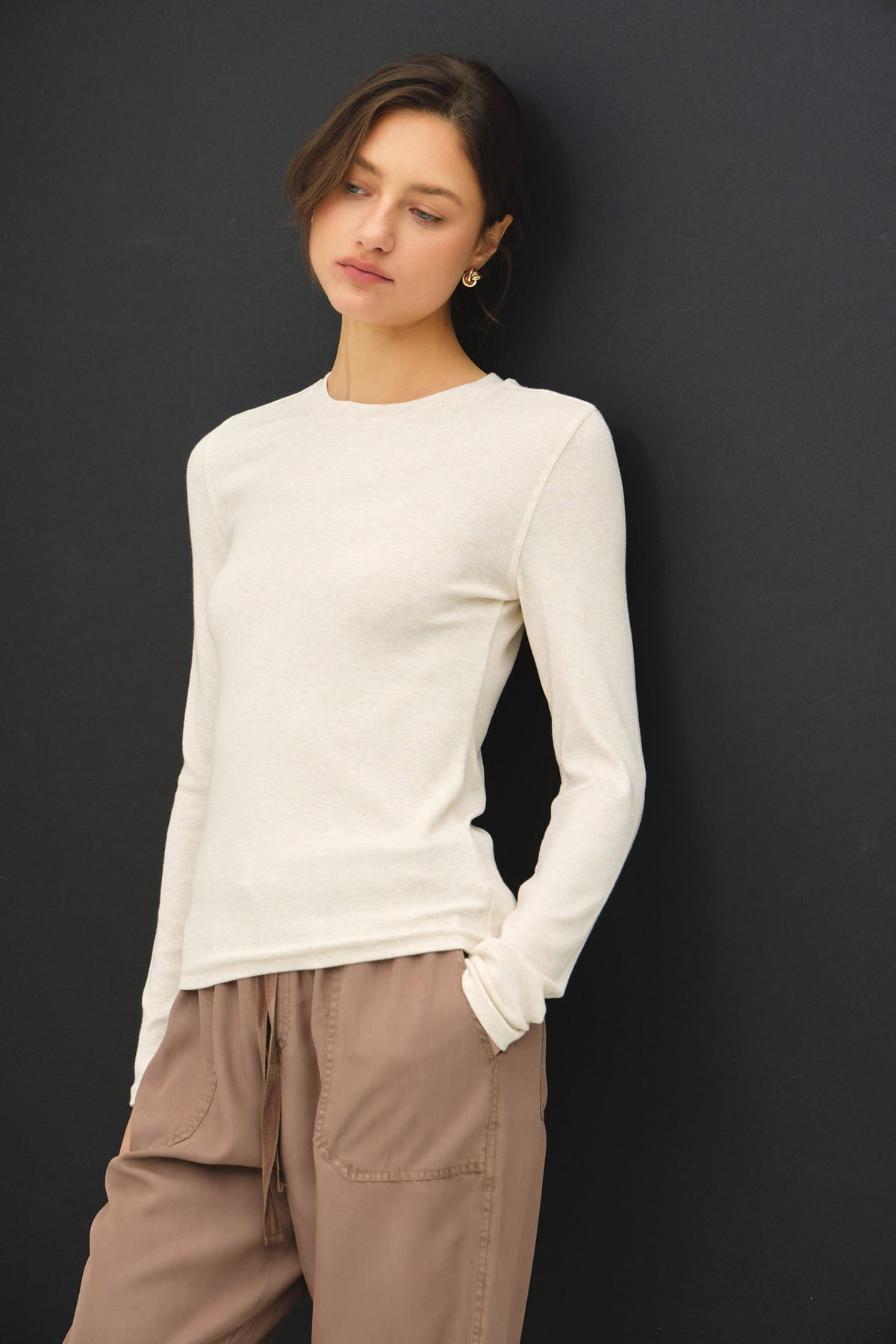 Oatmeal Ribbed Crewneck Longsleeve Basic Top