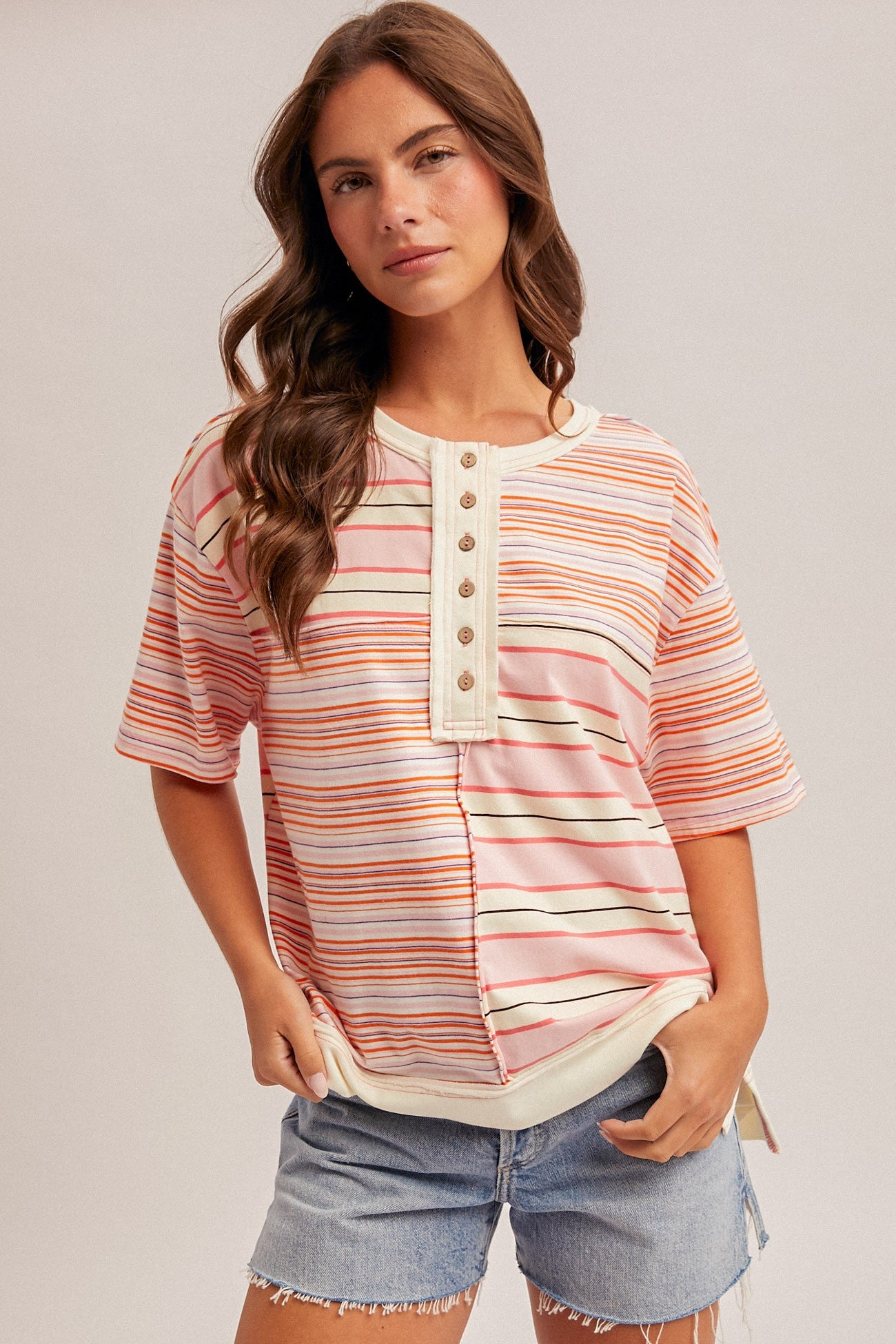 Multi Color Stripe Mixed Loose Fit Henley Top
