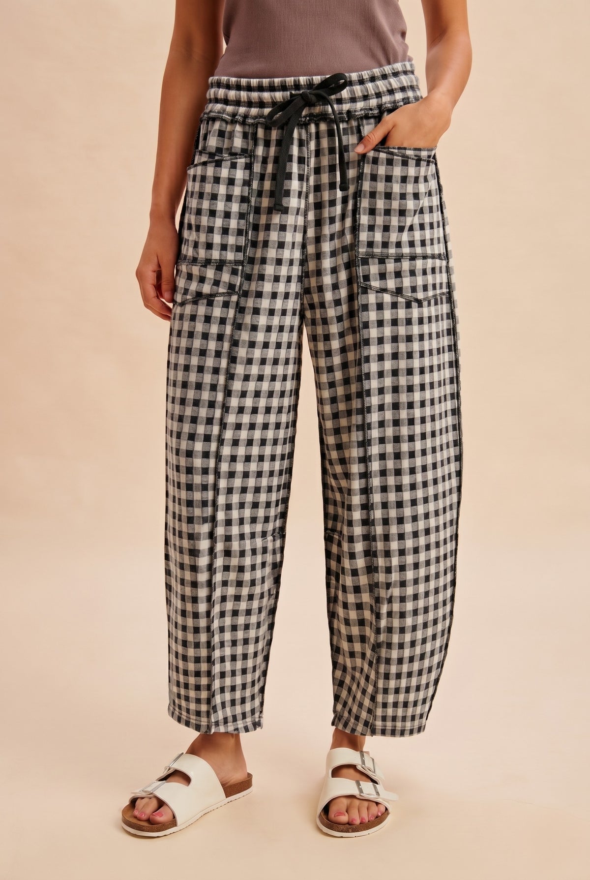 Soft Brushed Check Barrel Fit Utility Knit Pants
