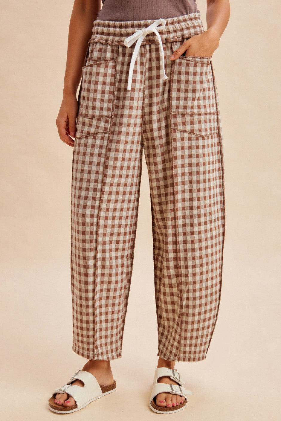 Soft Brushed Check Barrel Fit Utility Knit Pants