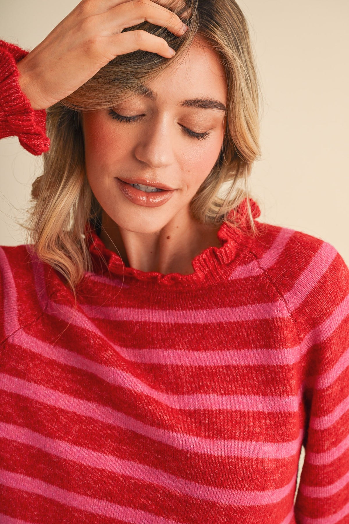 Ruffled Red and Fuchsia Striped Sweater