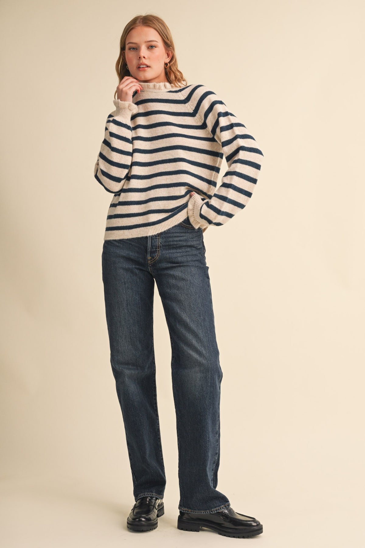 Ruffled Oat and Teal Striped Sweater