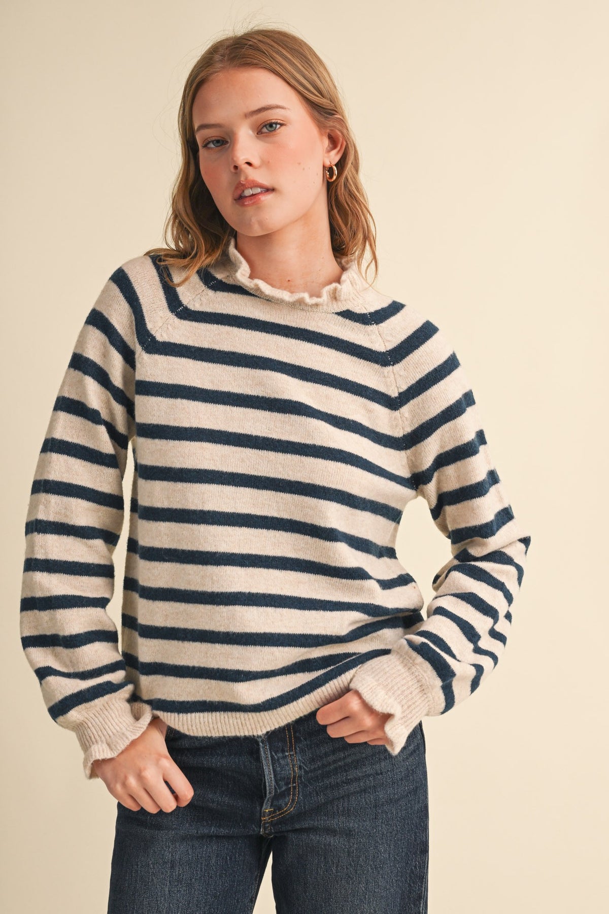 Ruffled Oat and Teal Striped Sweater