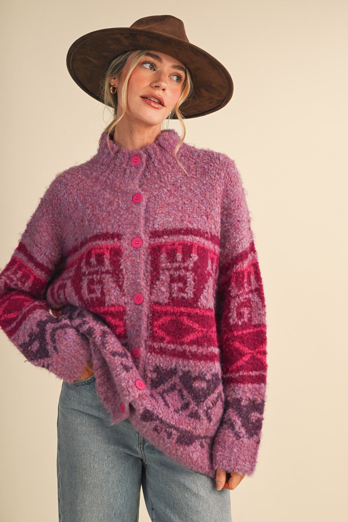 Marled Fuzzy Knit Button Down Sweater Cardigan