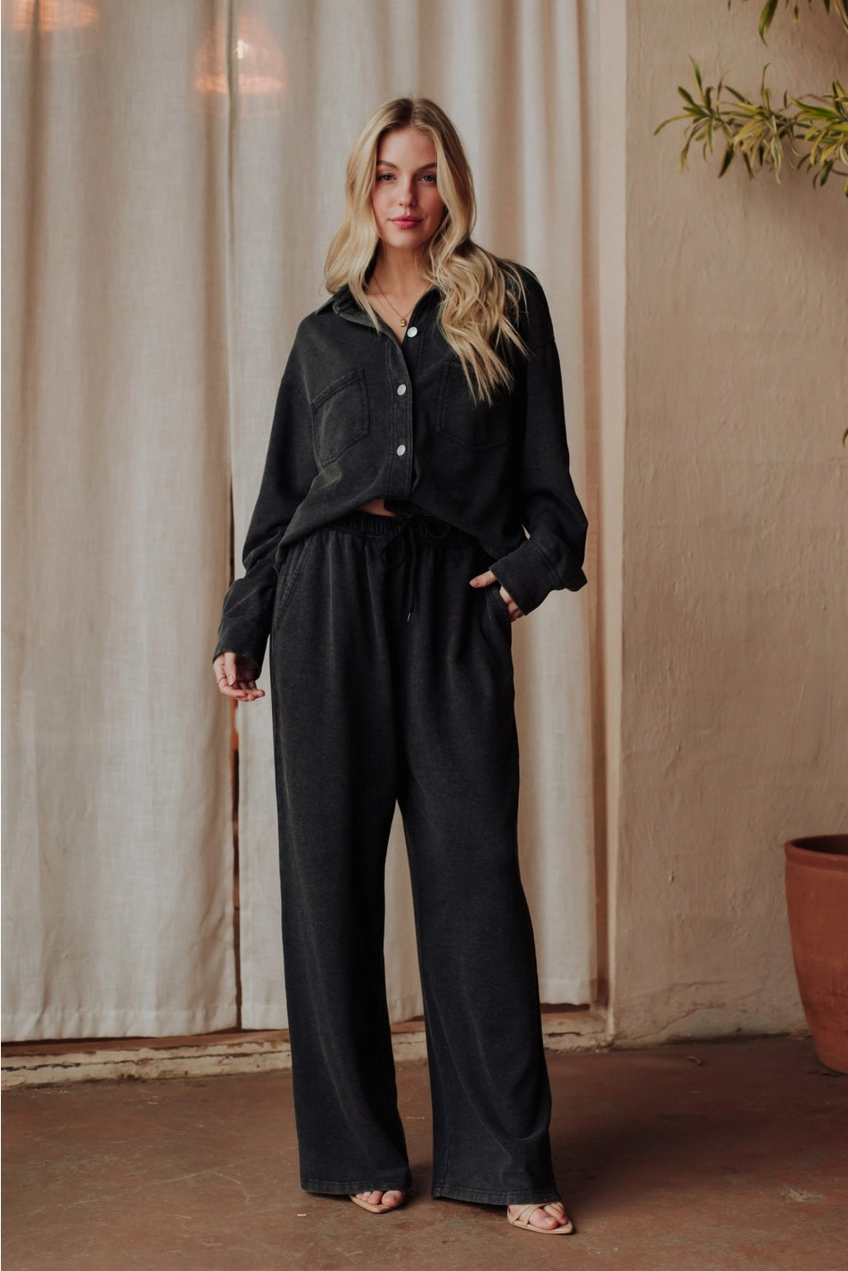 Black Washed Soft Button Up & Sweatpants Set