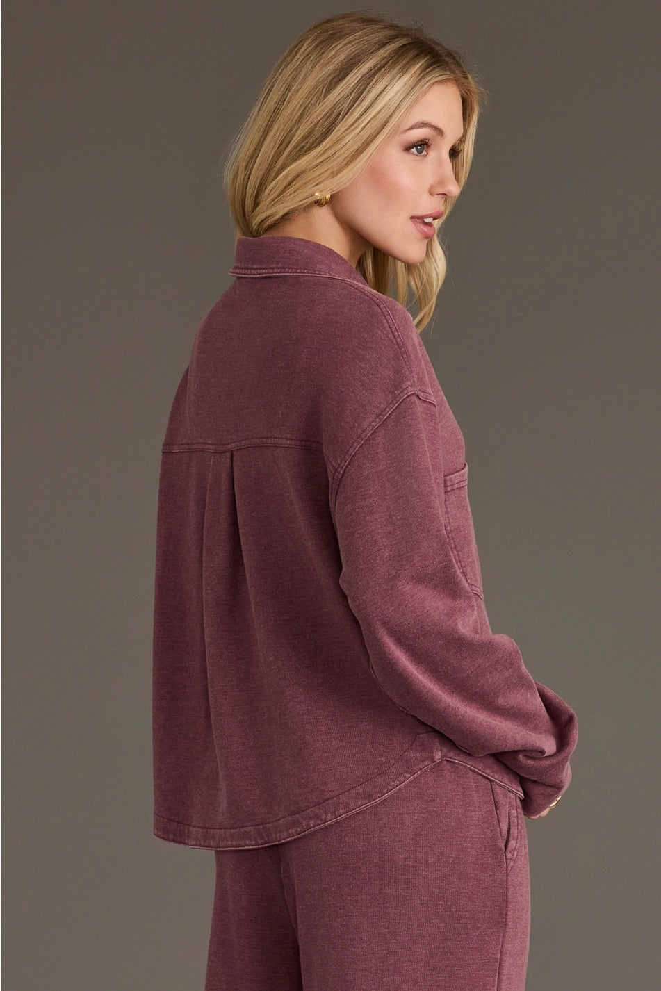 Merlot Washed Soft Cropped Button Up & Sweatpants Set