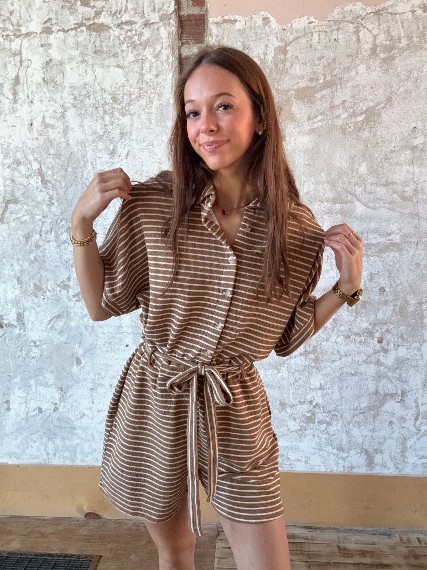 Striped Half Sleeve Button Up Waist Tie Romper
