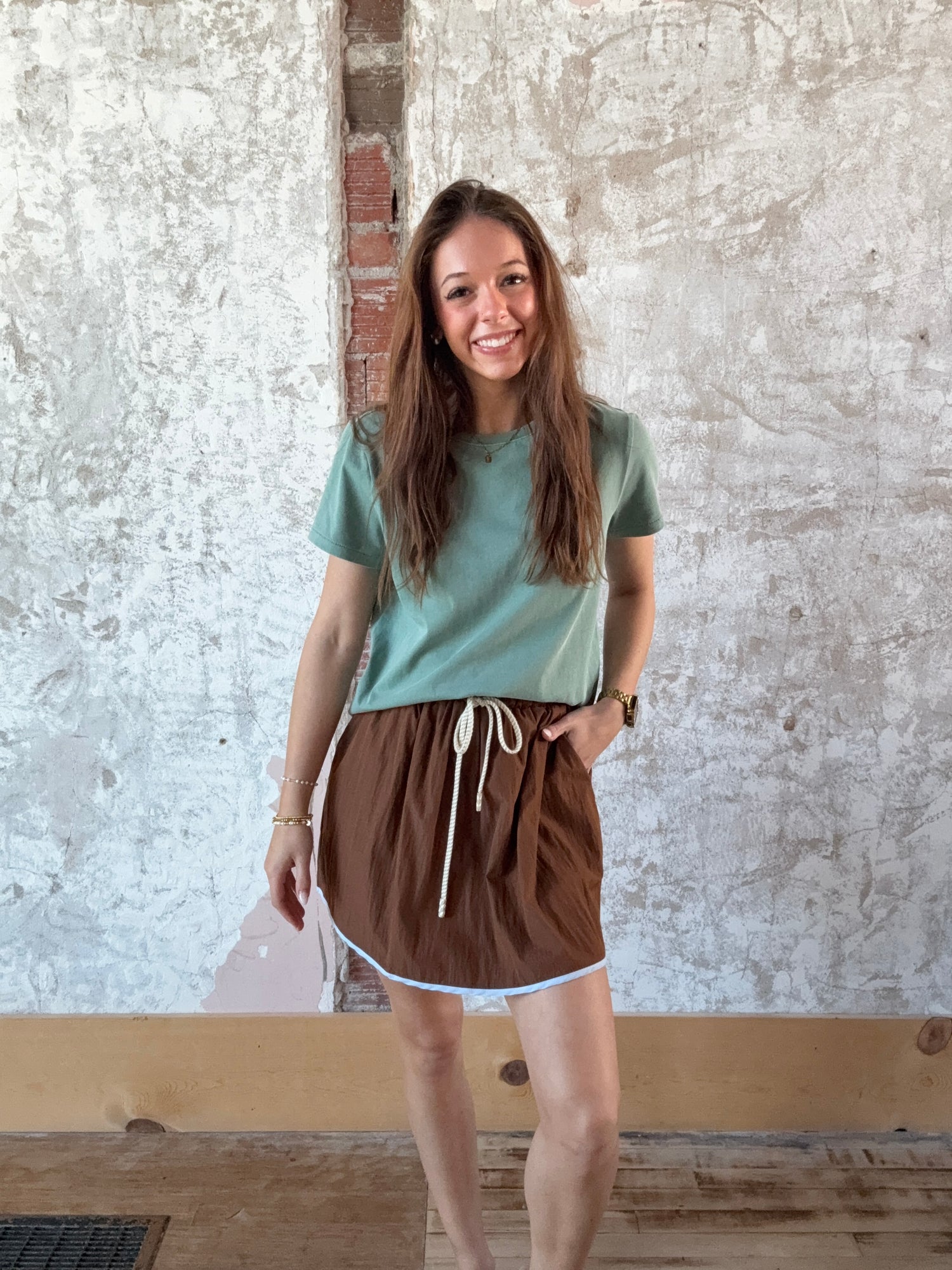 Elastic Waist Mini Skirt With Contrast Stitch Hem (Extended Sizing!)
