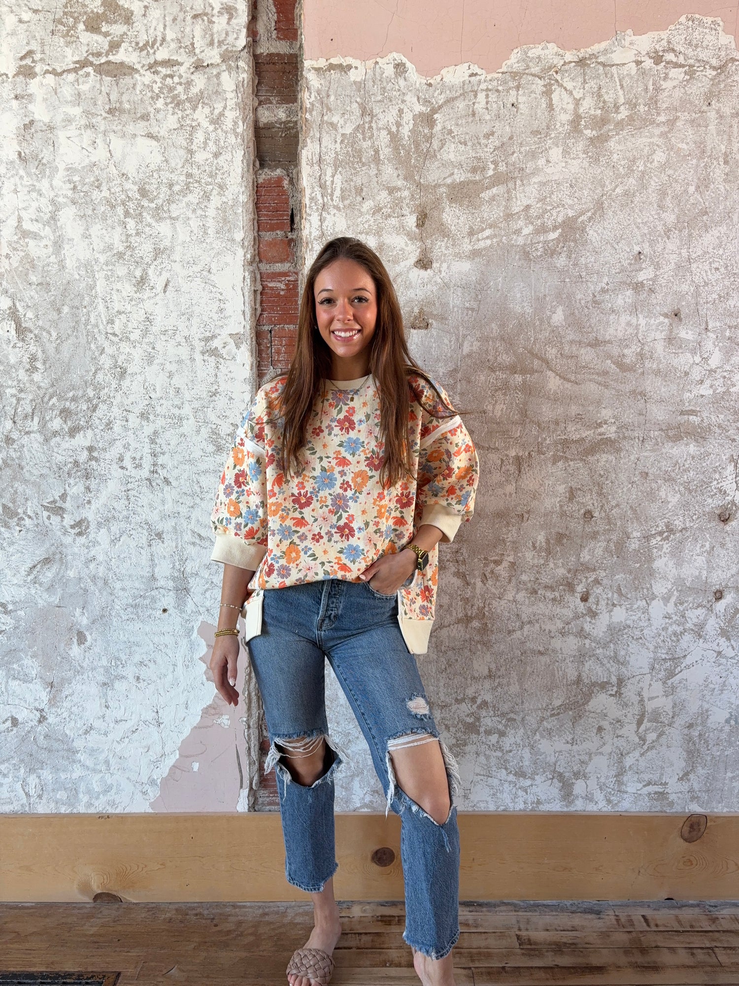 Washed Twill Flower Openseam Quarter Sleeve Top
