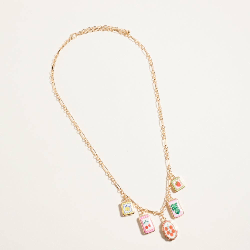 Vintage Fruit & Plant Print Enamel Charm Necklace