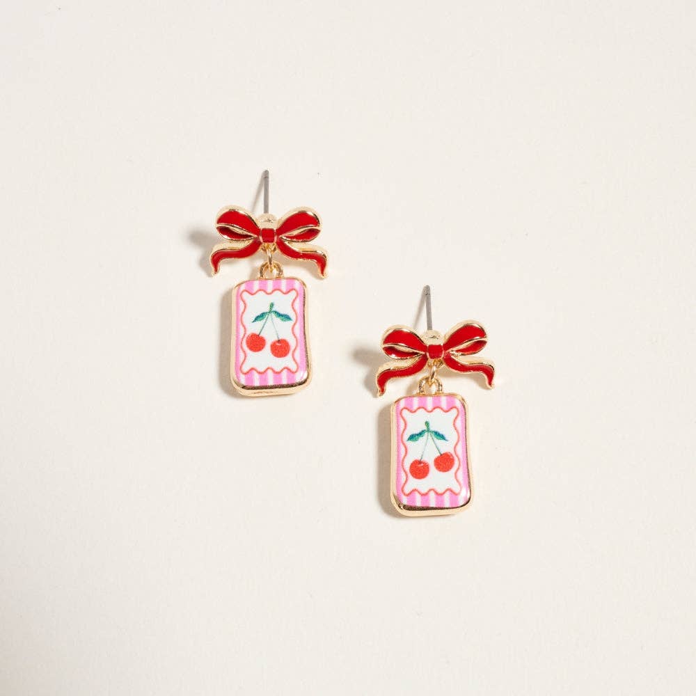 Vintage Fruit & Plant Print Tile Enamel Bow Earrings