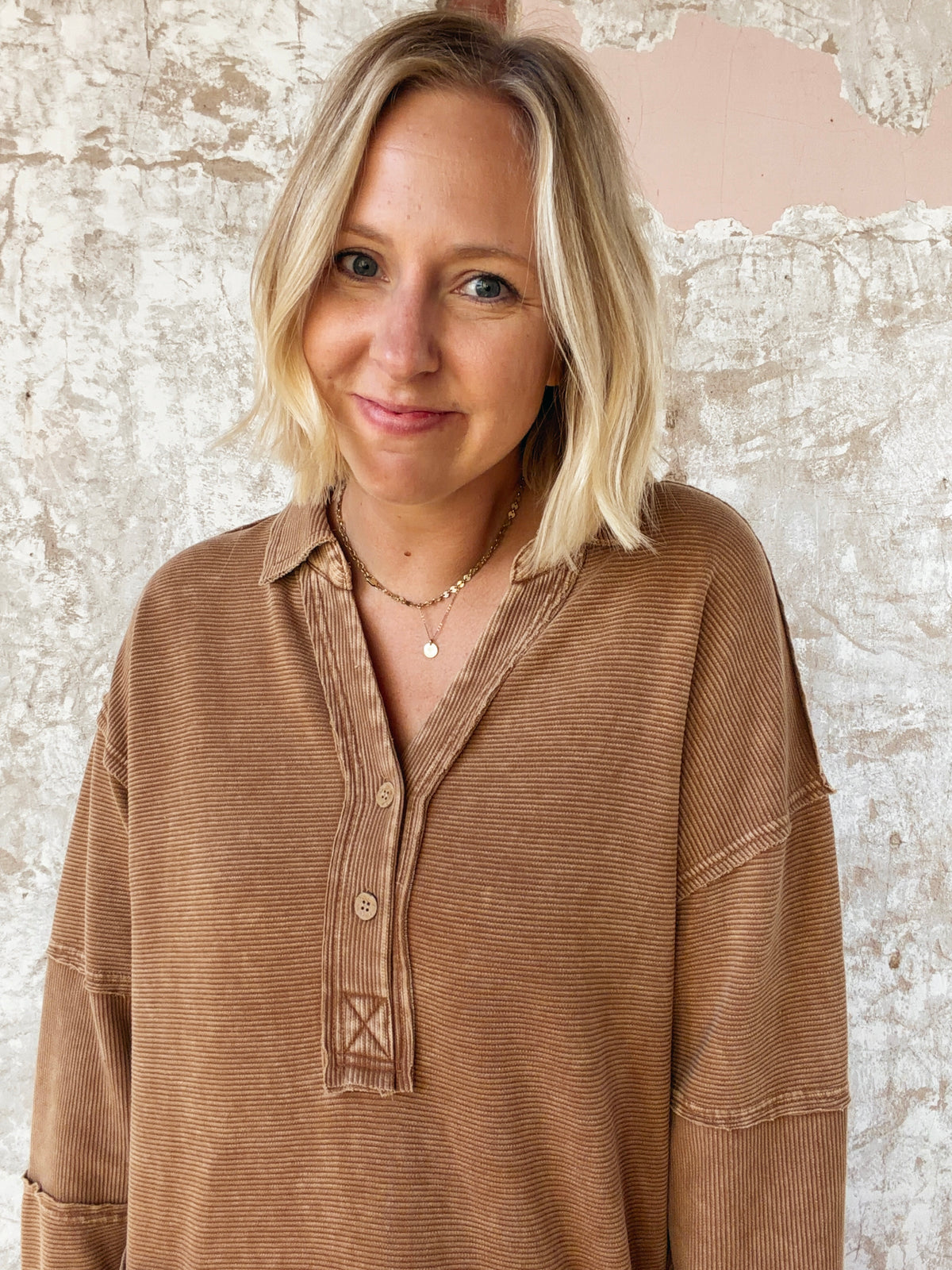 Washed Textured Knit Henley Dress