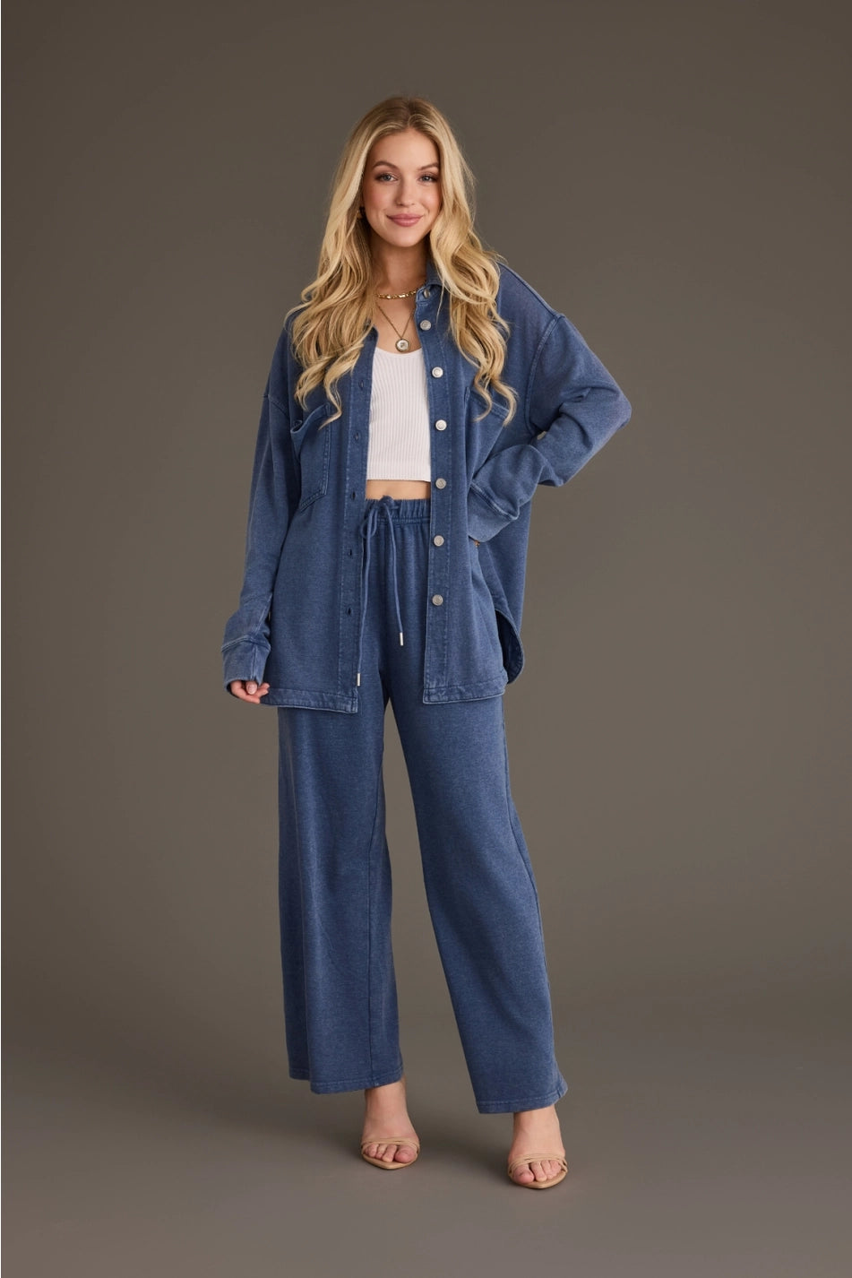 Dark Blue Washed Soft Button Up & Sweatpants Set