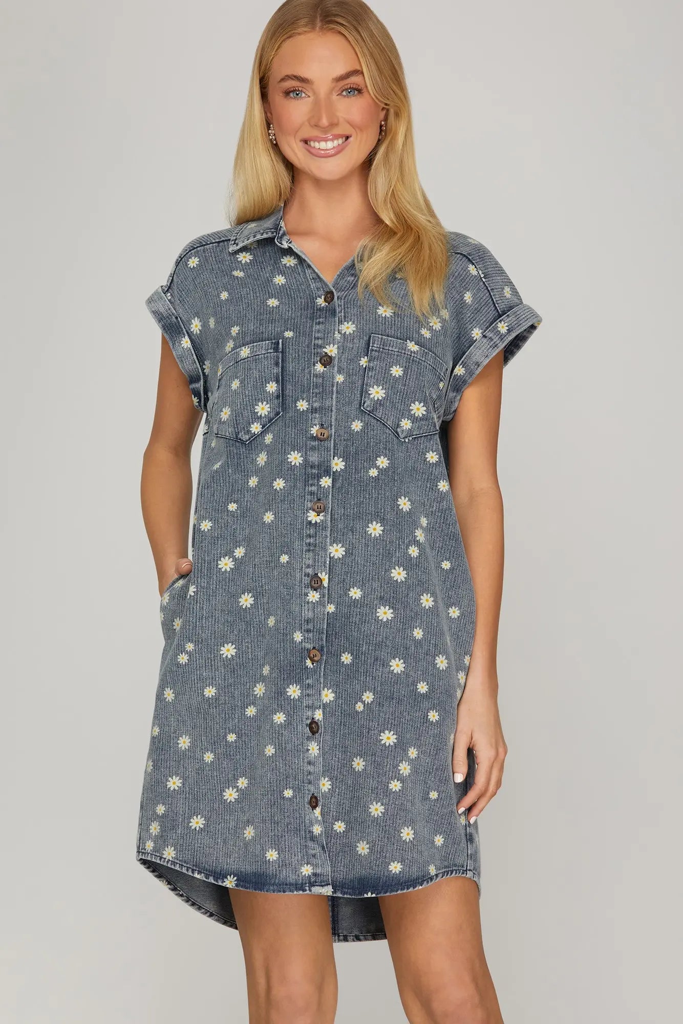 Flower Print Denim Shirt Dress