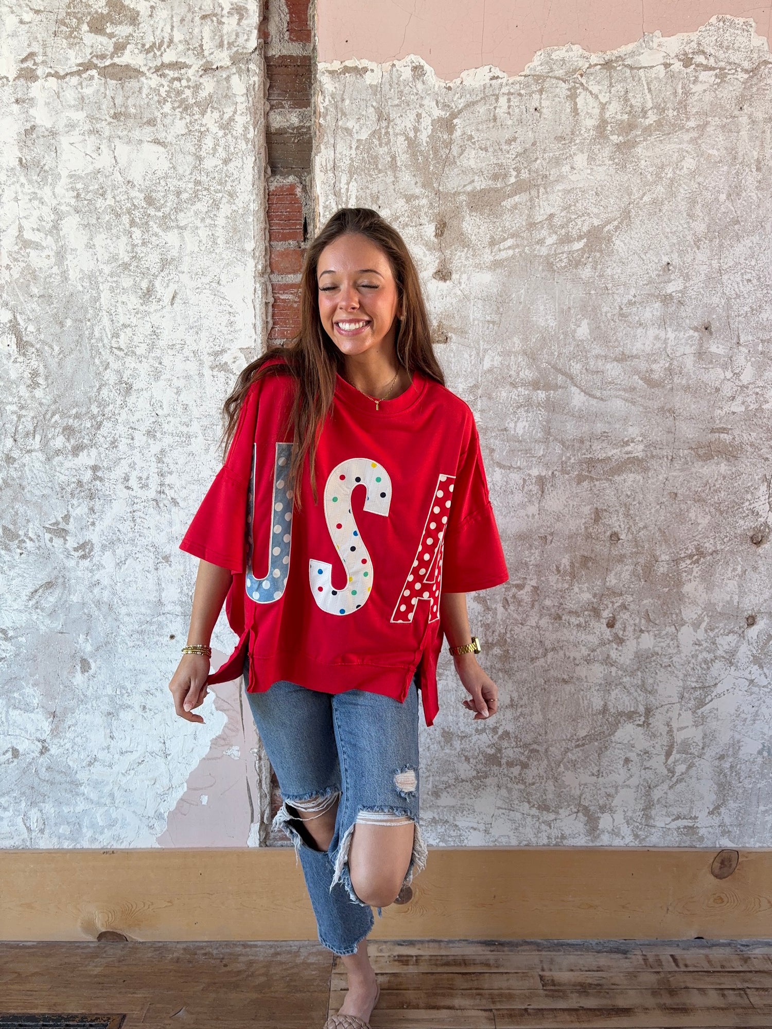 4th of July Polka Dot Usa Lettered Patch Work Top