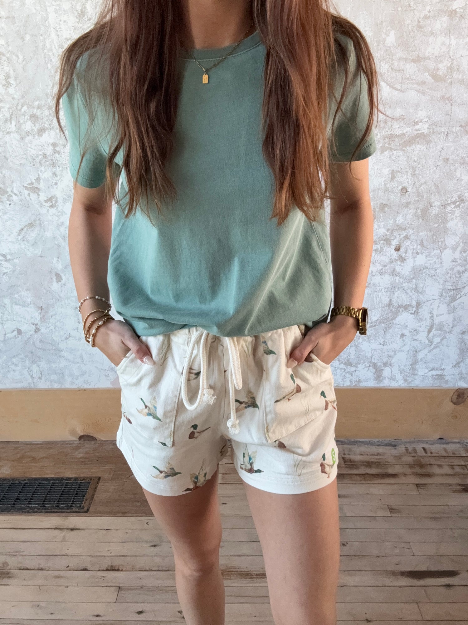 Mallard Duck Print Drawstring Relaxed Fit Shorts