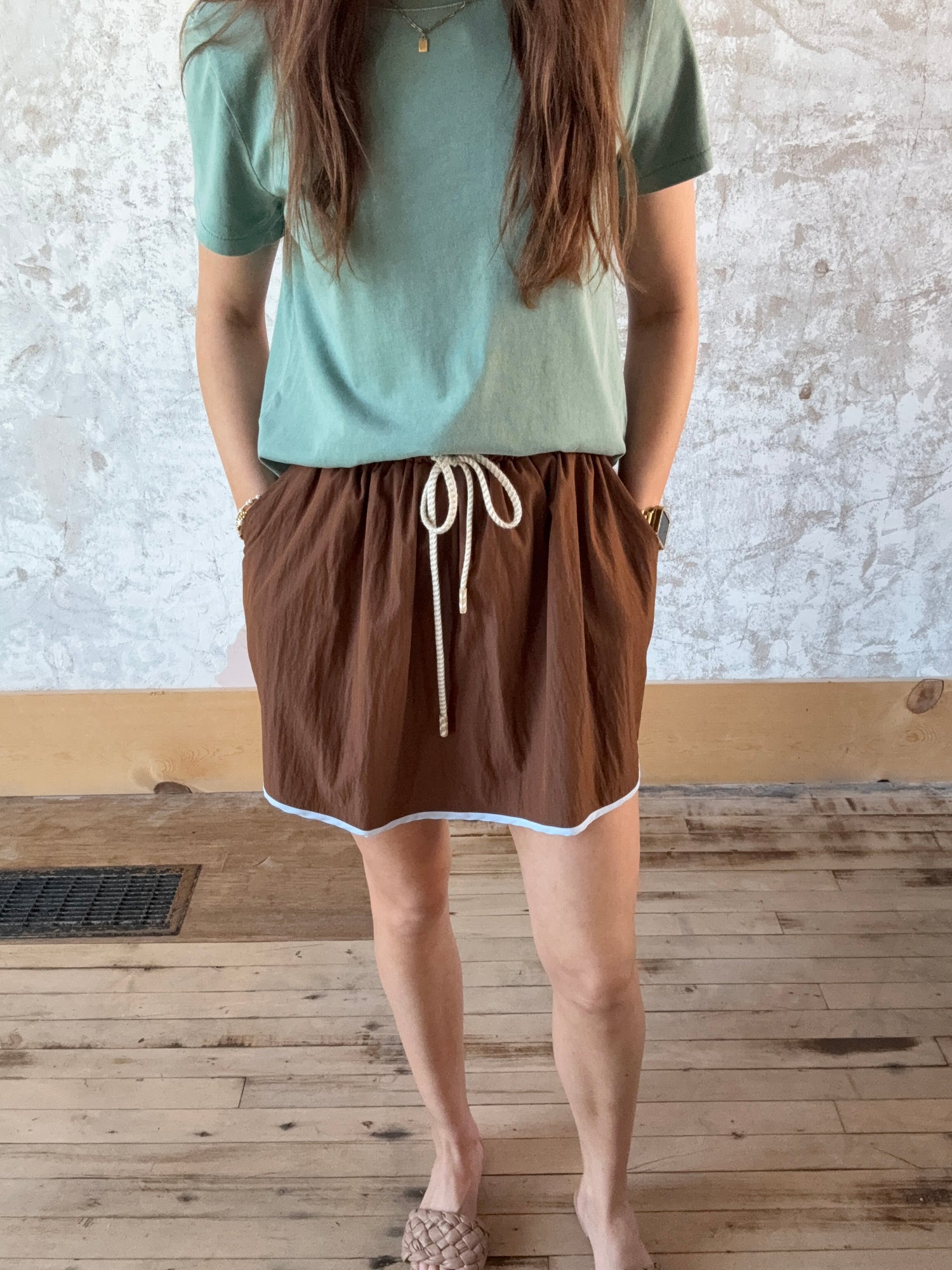 Elastic Waist Mini Skirt With Contrast Stitch Hem (Extended Sizing!)