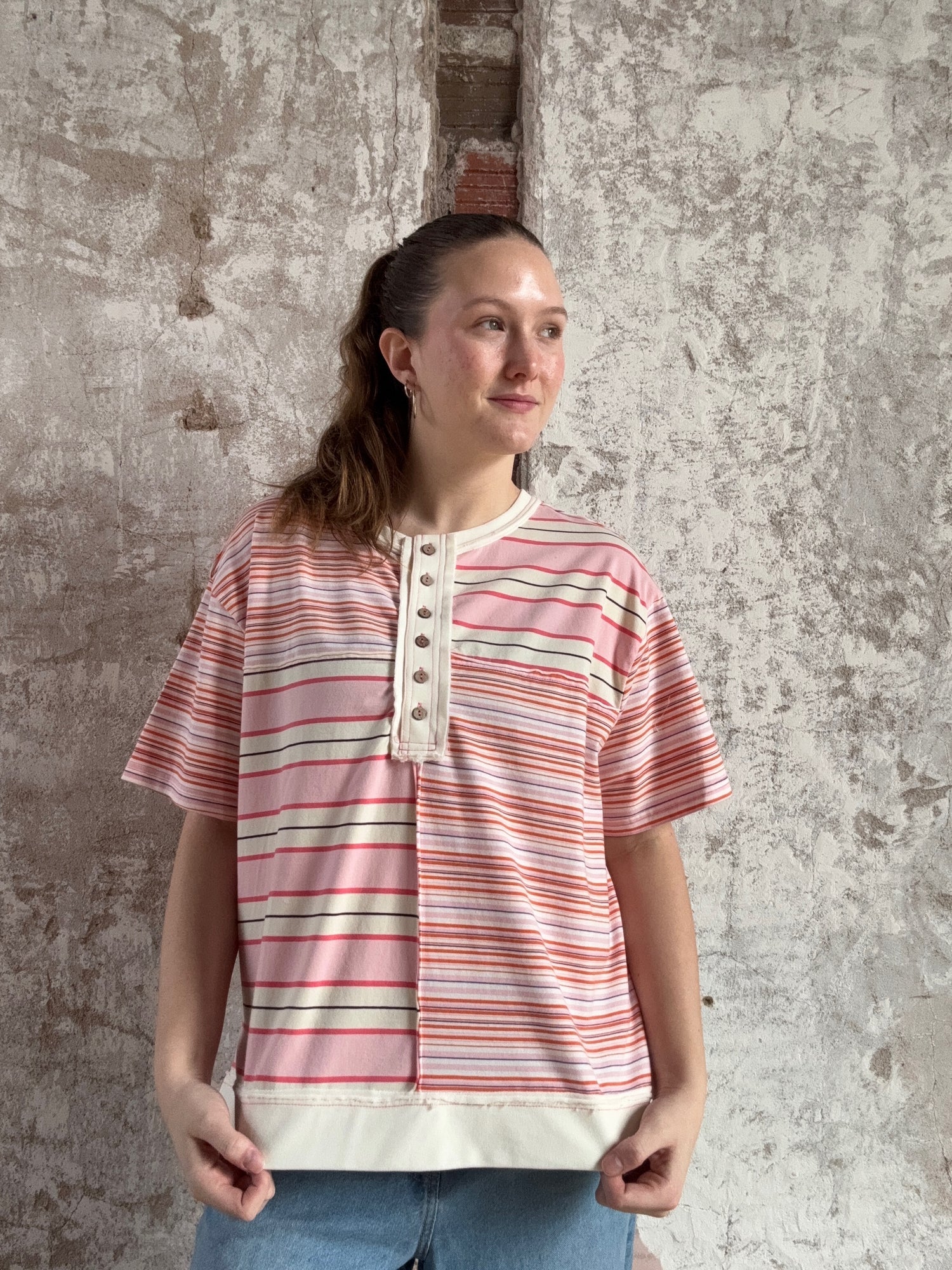 Multi Color Stripe Mixed Loose Fit Henley Top
