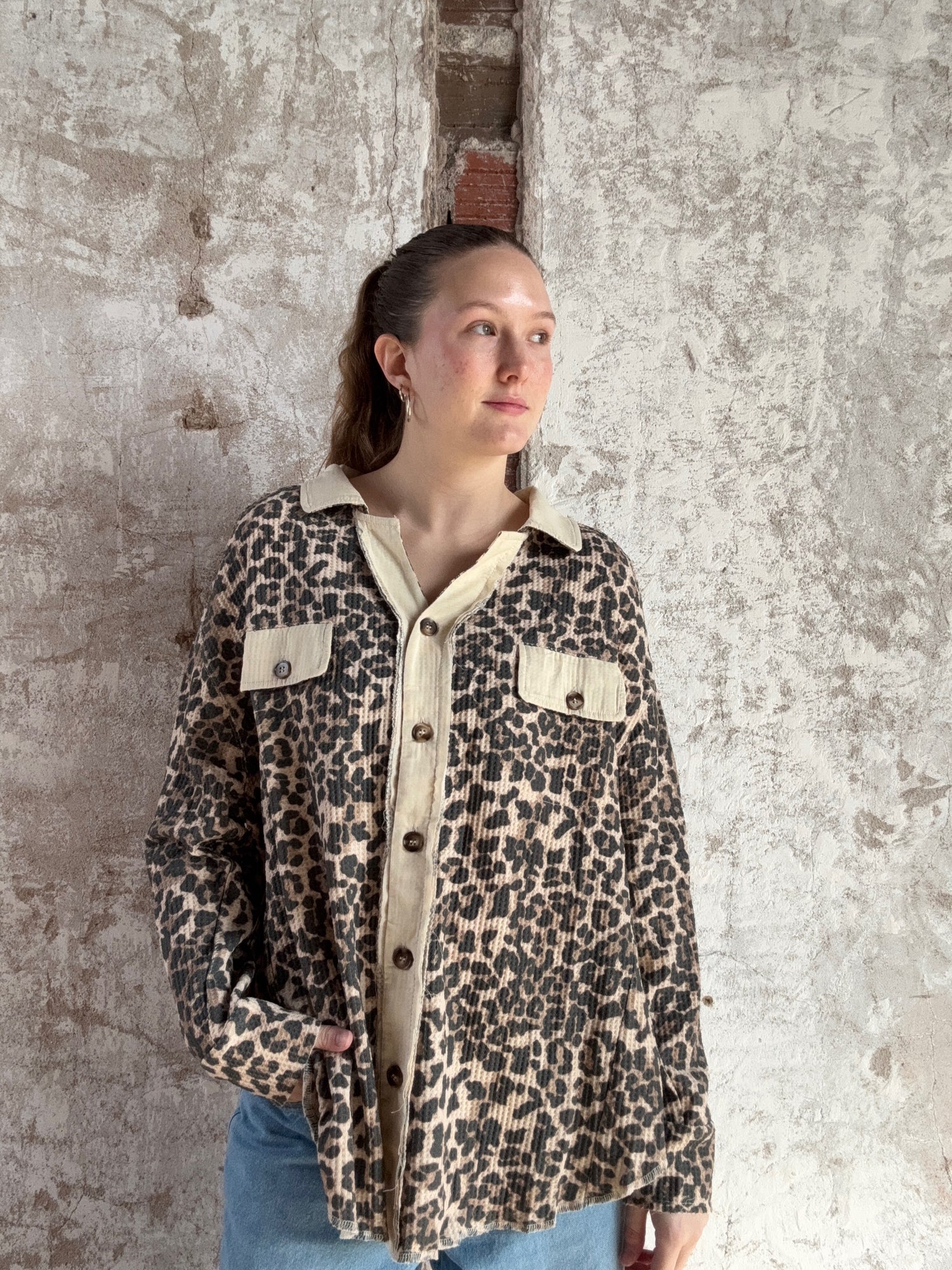 Leopard Print Waffle Thermal Shacket With Pockets
