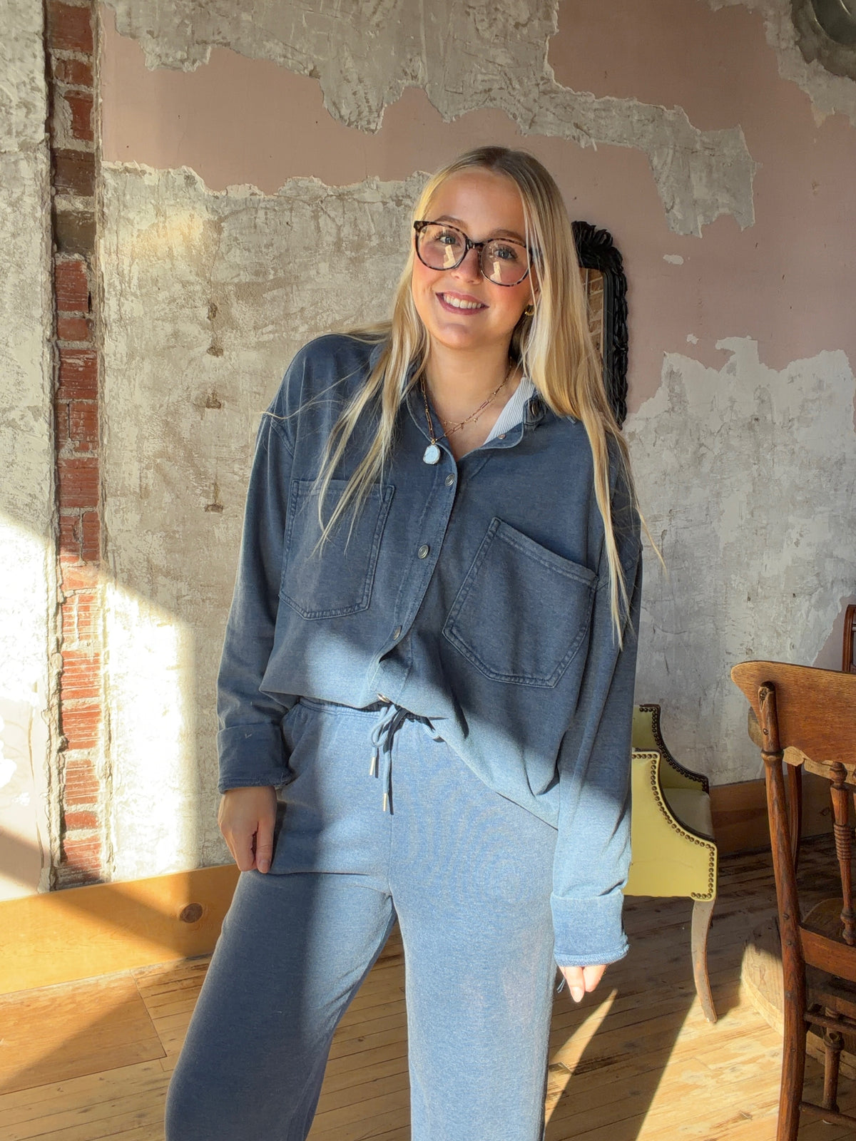 Dark Blue Washed Soft Button Up & Sweatpants Set
