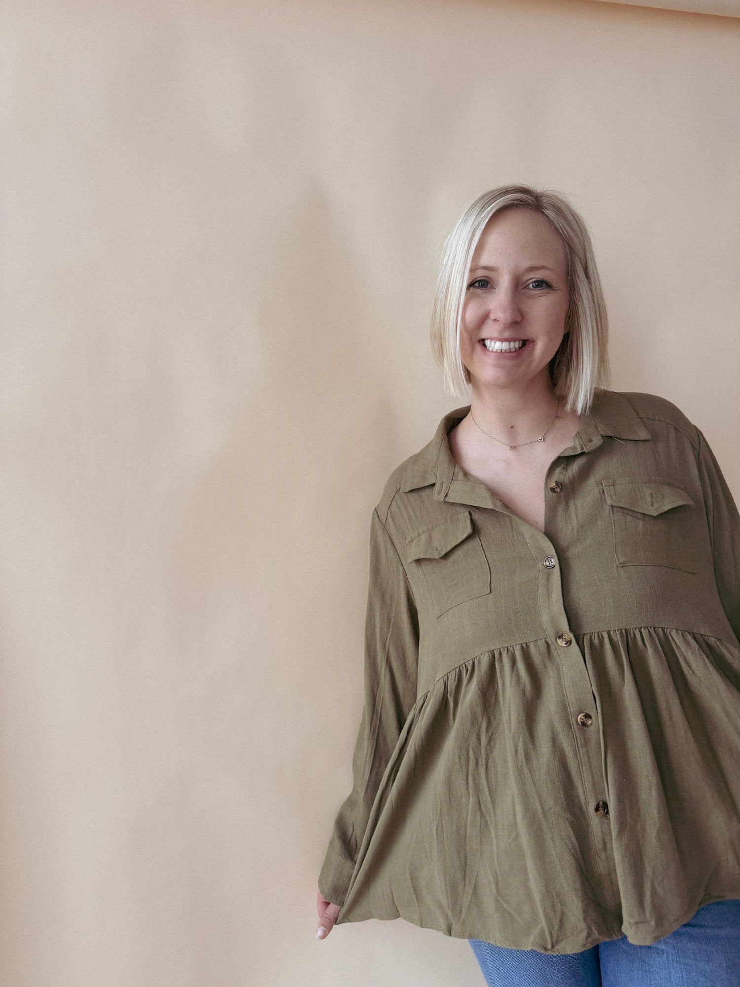 Womens Linen Blend Peplum Button Up Shirt