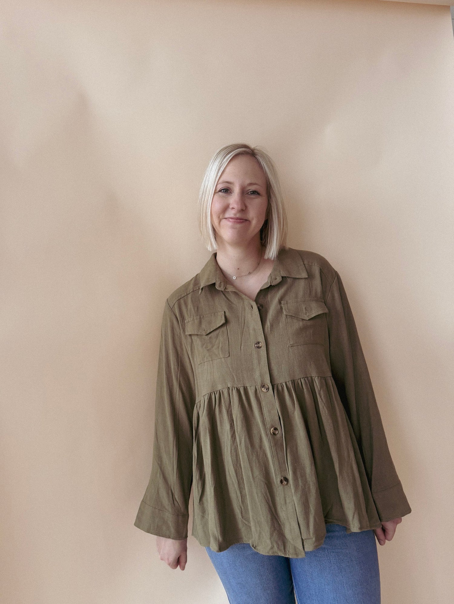 Womens Linen Blend Peplum Button Up Shirt