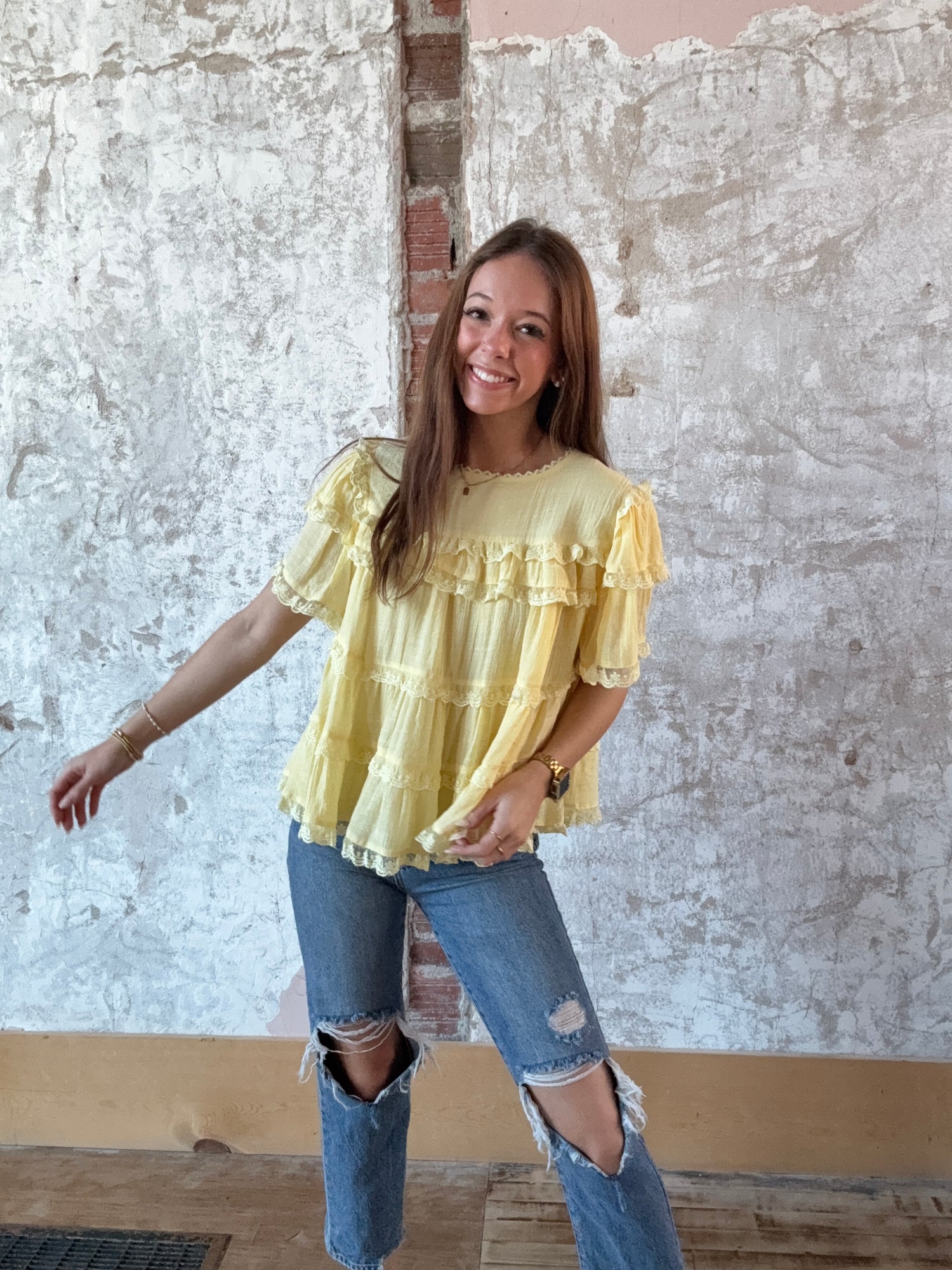 Tiered Ruffle Lace Trim Swing Top