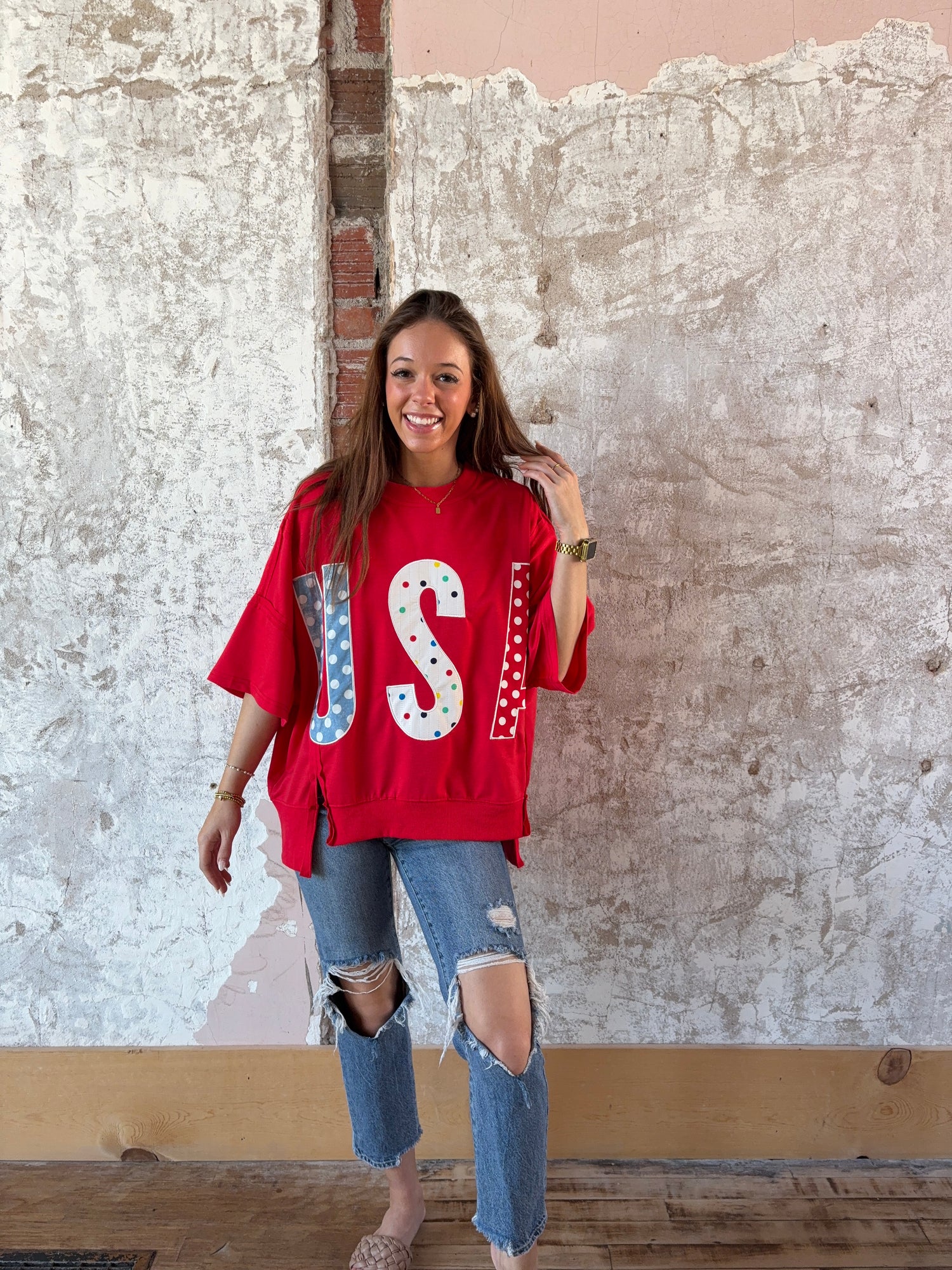 4th of July Polka Dot Usa Lettered Patch Work Top
