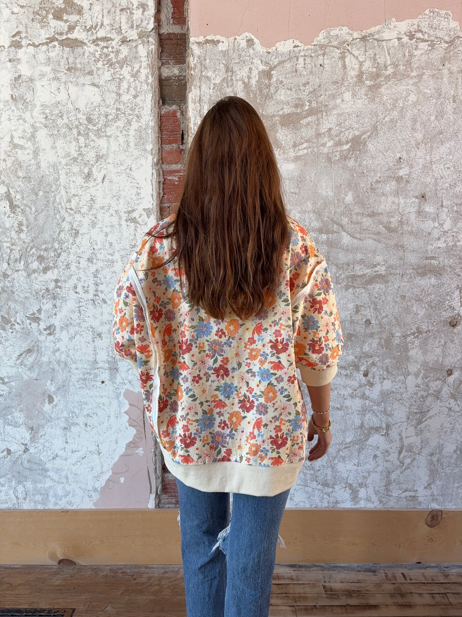 Washed Twill Flower Openseam Quarter Sleeve Top