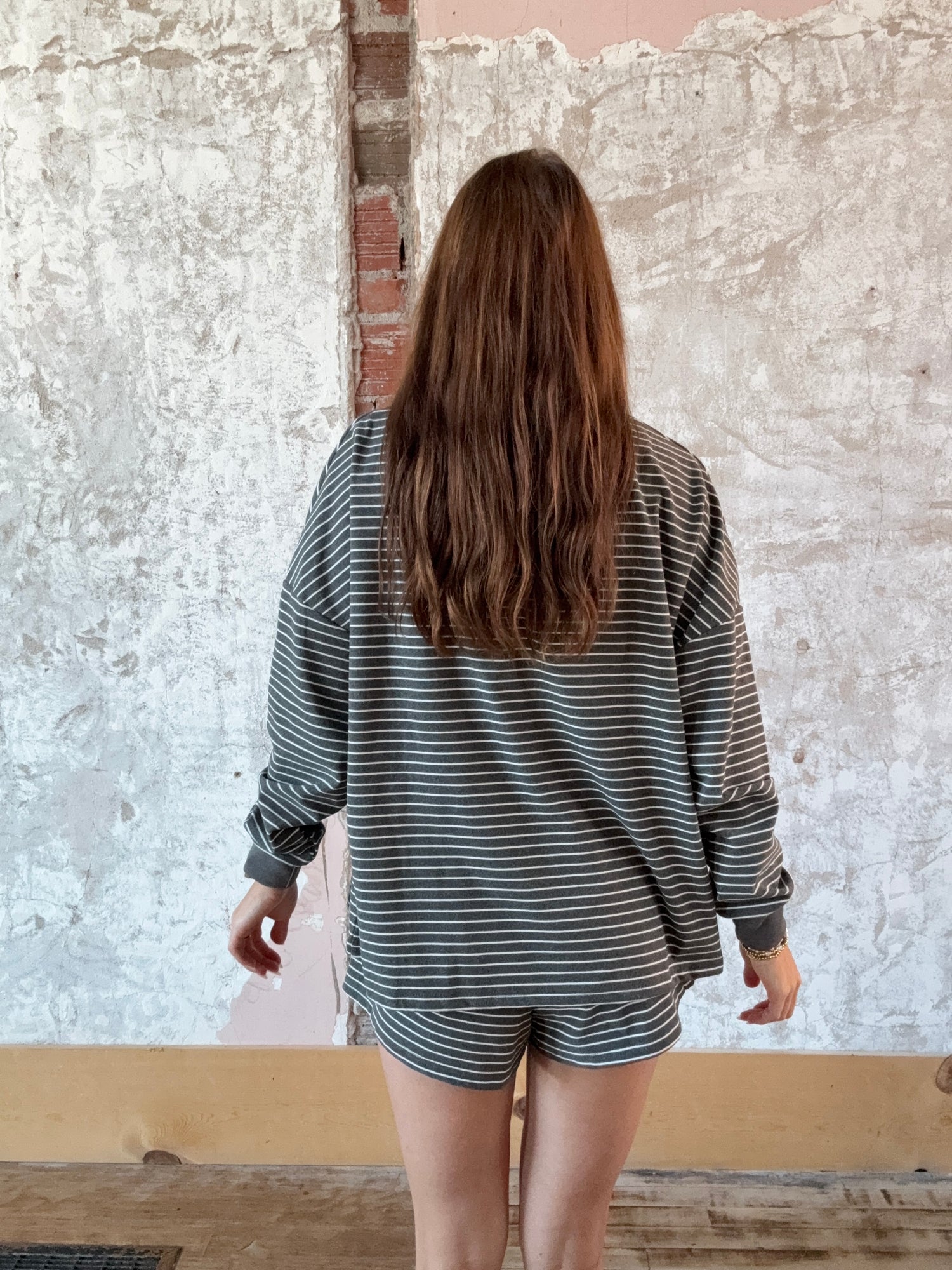 Soft Brushed Pin Stripe Knit Pullover & Shorts
