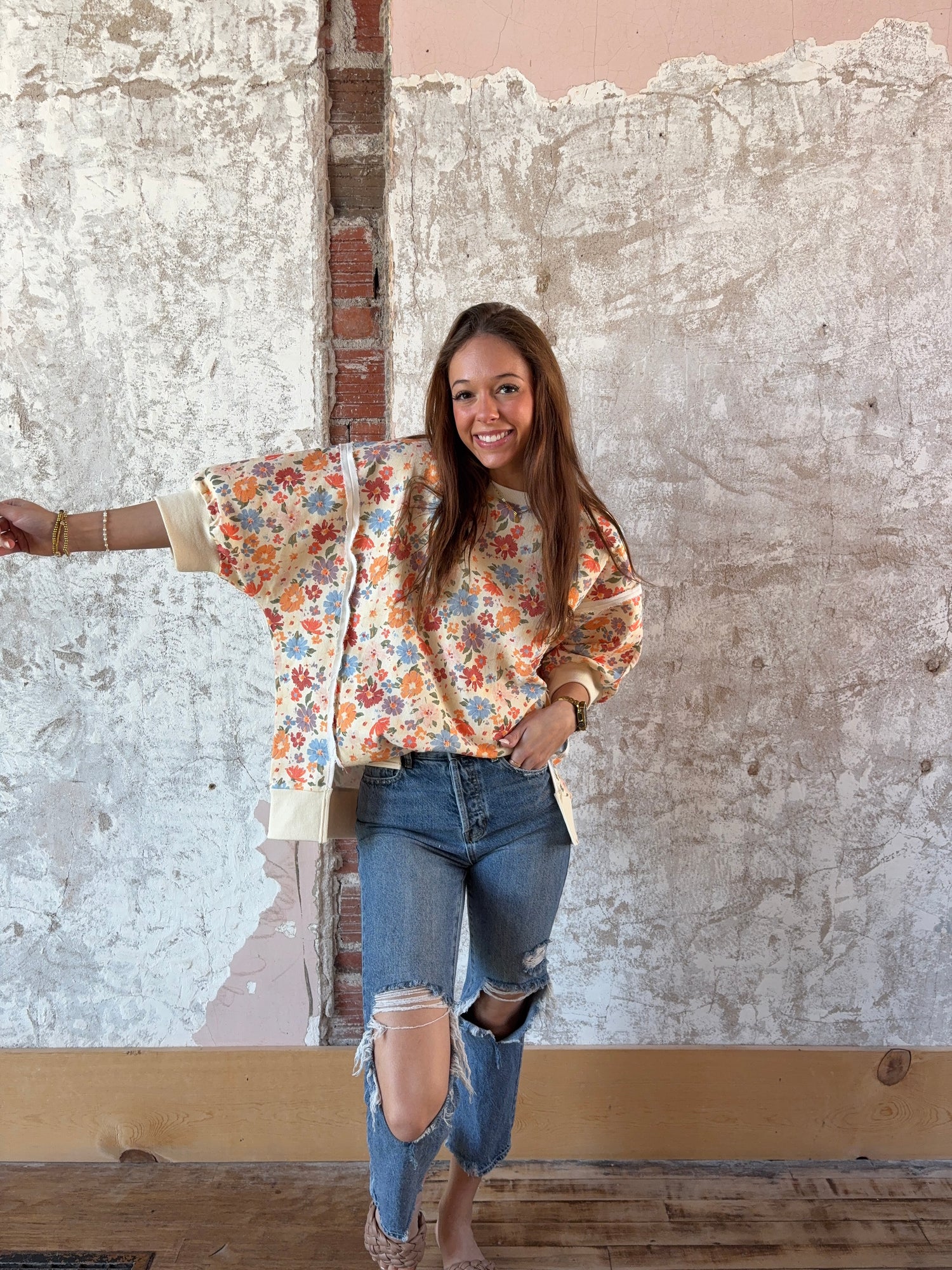 Washed Twill Flower Openseam Quarter Sleeve Top
