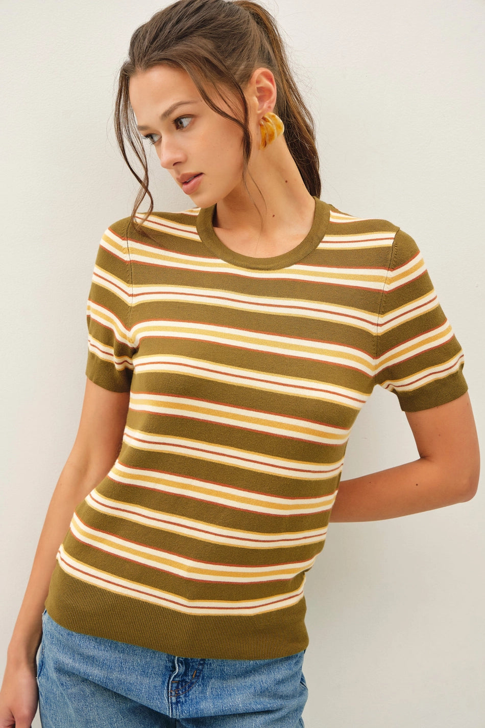Striped Short-Sleeve Sweater Top