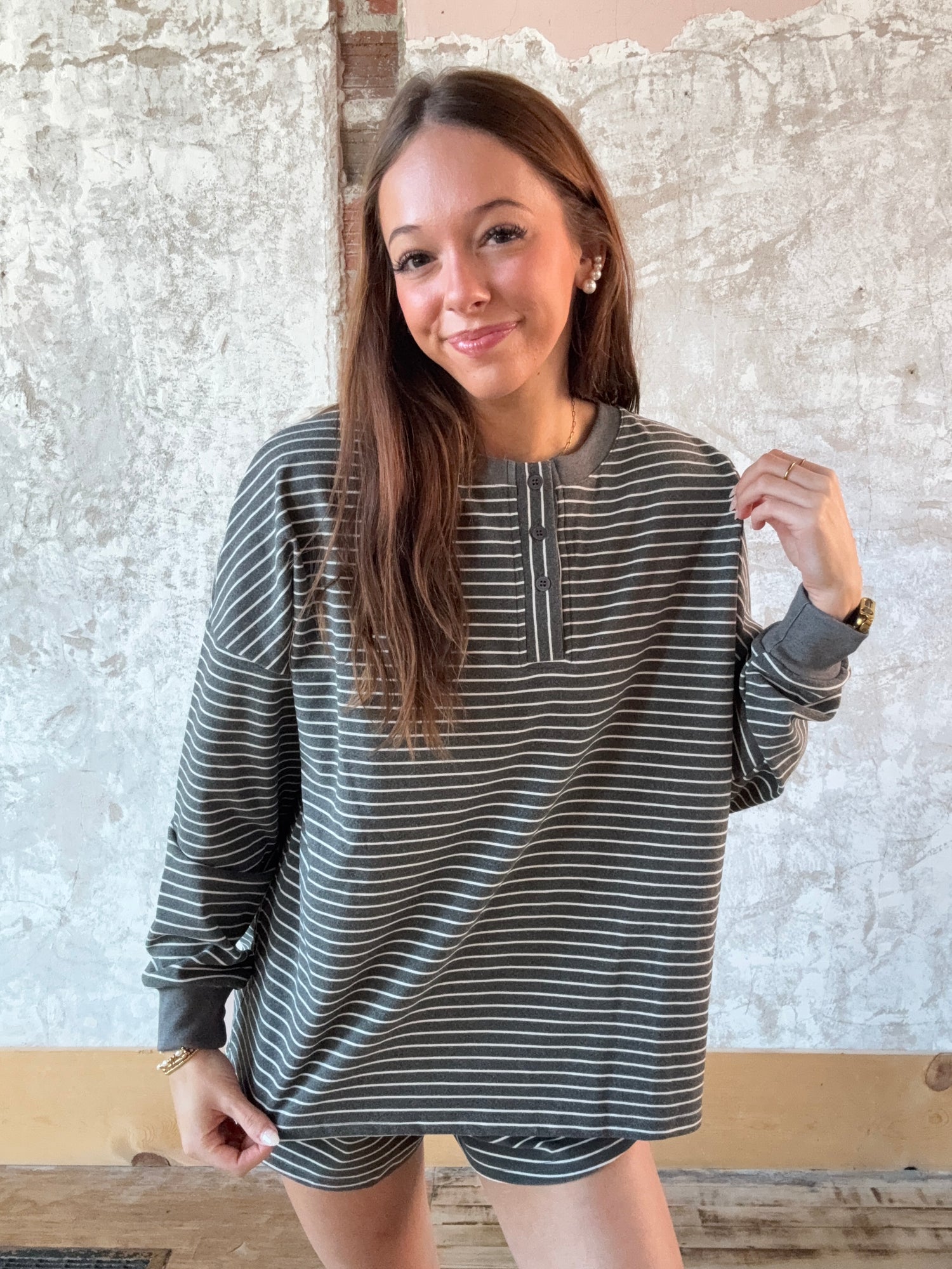 Soft Brushed Pin Stripe Knit Pullover & Shorts
