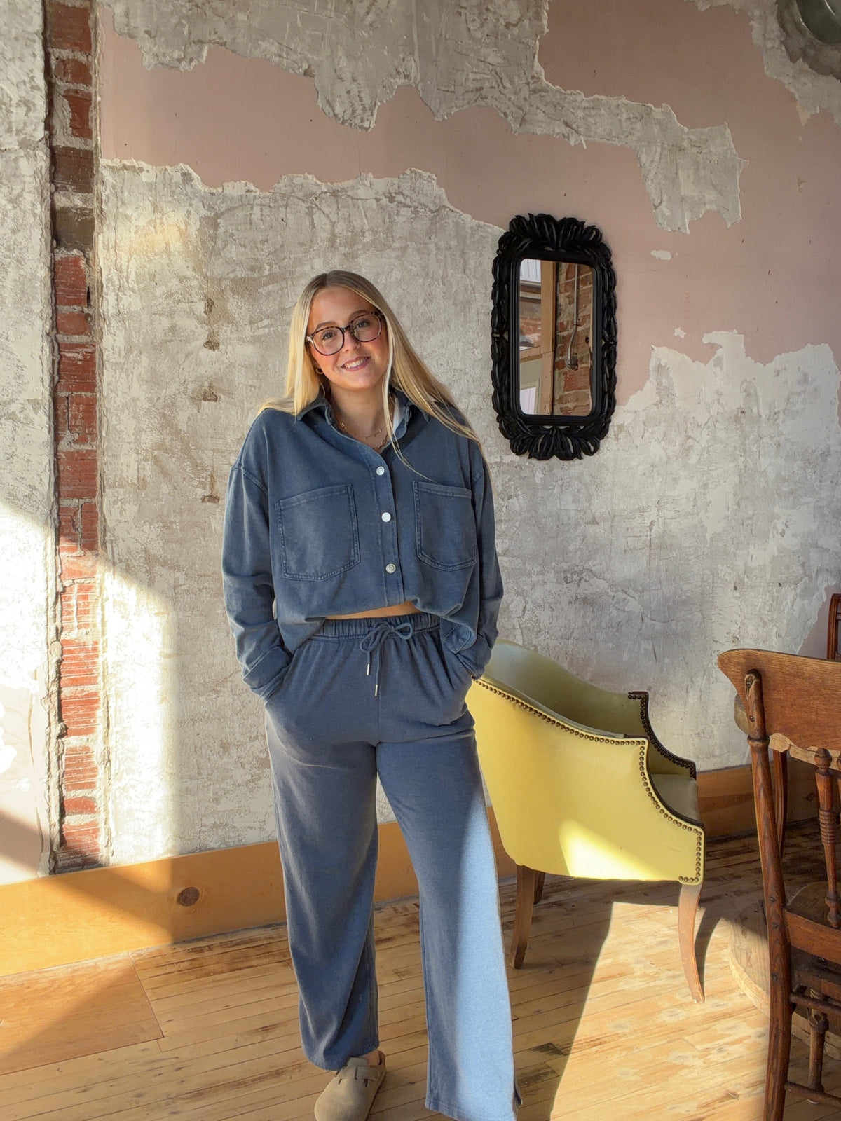 Dark Blue Washed Soft Button Up & Sweatpants Set