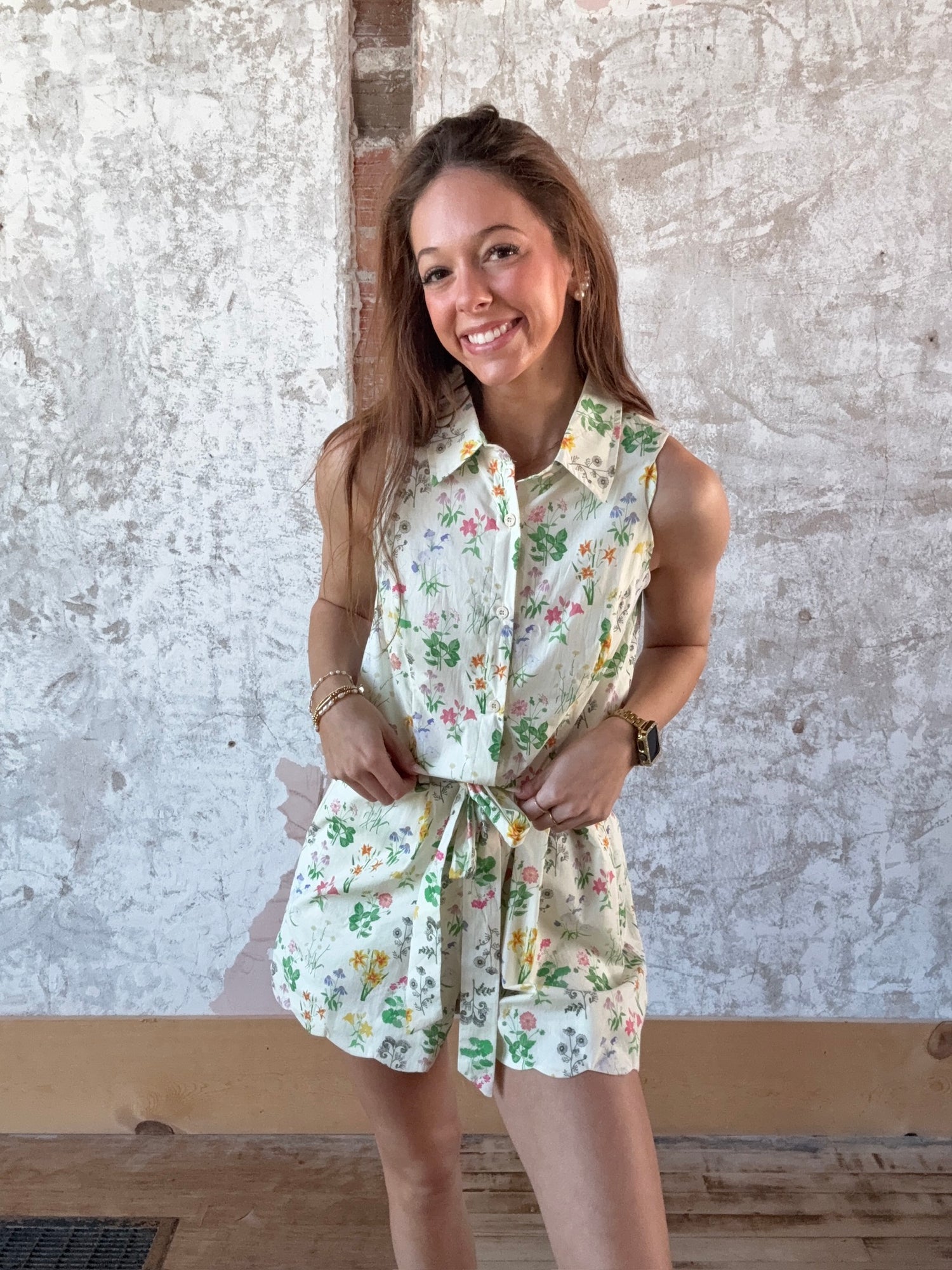 Floral Print Scalloped Edge Button Down Romper